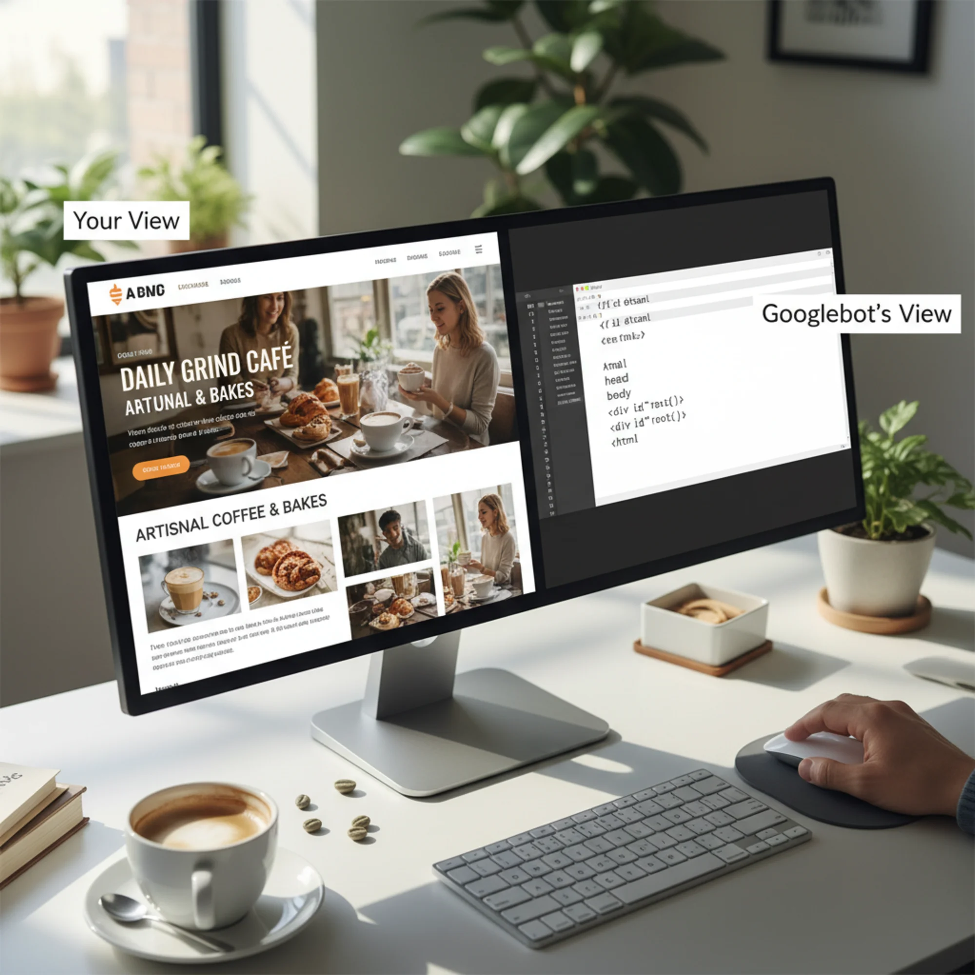 A split-screen showing the same local coffee shop website: on the left the beautiful rendered Bolt.new React page a human sees with images and styled text, on the right the near-empty HTML source with only a div id root tag that Googlebot actually receives