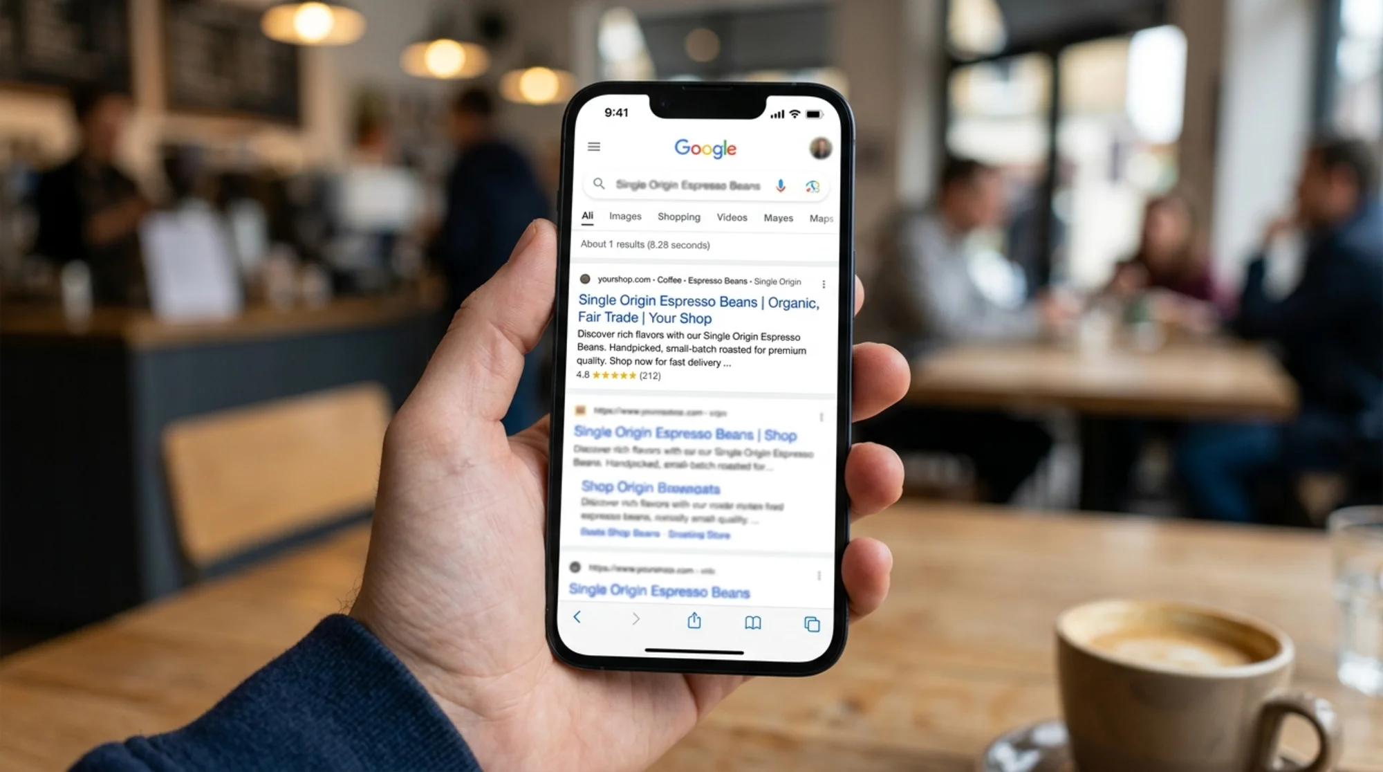 A close-up of a Google search result on a smartphone screen showing a clean breadcrumb path "yourshop.com › Coffee › Espresso Beans › Single Origin" sitting above the page title, replacing what would otherwise be a long messy URL, with the rest of the search results page softly out of focus behind it