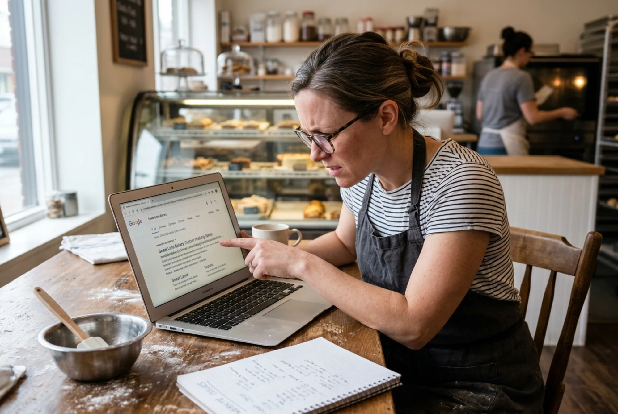 A frustrated small business owner squinting at her laptop, where a Google search result for her bakery shows a truncated, tangled URL like "sweetlanebakery.com/wp-content/category/wedding-cakes/three-..." with no visible site structure or breadcrumb trail