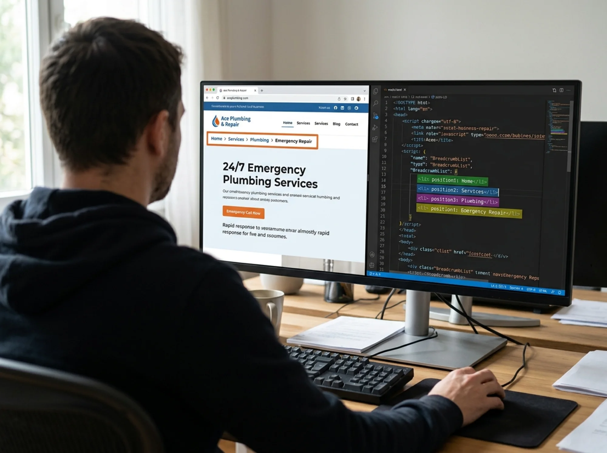 An over-the-shoulder view of a developer's monitor split in two: the left half shows a live webpage with a visible breadcrumb bar reading "Home > Services > Plumbing > Emergency Repair", and the right half shows a code editor with a matching BreadcrumbList JSON-LD snippet, with the position 1-4 list items color-highlighted to match the labels on the page