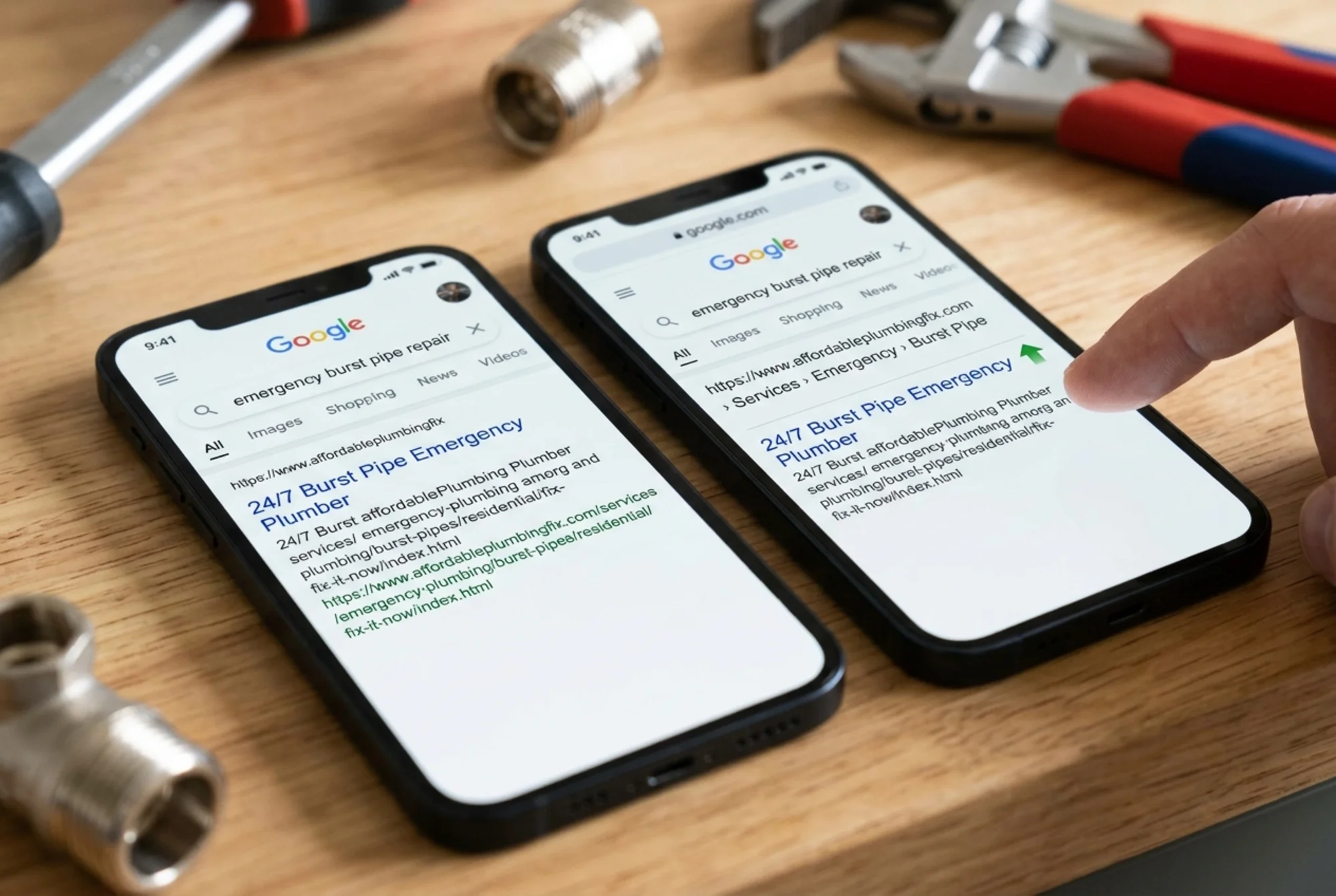 A side-by-side smartphone mockup of two Google search results for the same plumbing page: the left phone shows an old-style listing with a long raw URL line, while the right phone shows the upgraded listing with a tidy "site.com › Services › Emergency › Burst Pipe" breadcrumb trail and a small green upward arrow indicating improved click-through