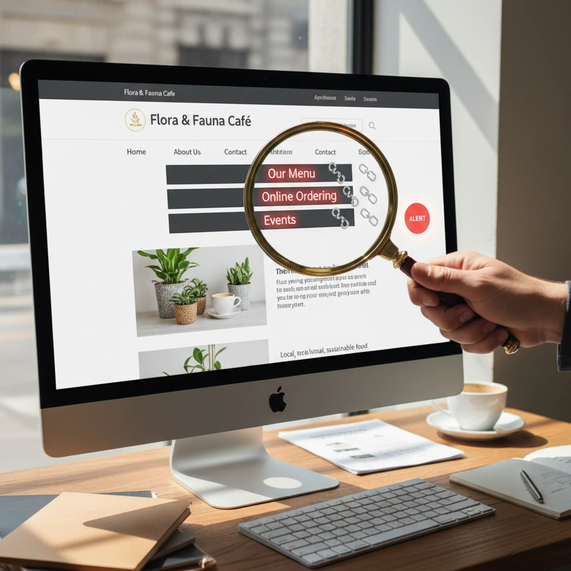 A small business website with a magnifying glass hovering over a navigation menu, revealing broken chain-link icons next to several menu items that glow red against an otherwise clean site header