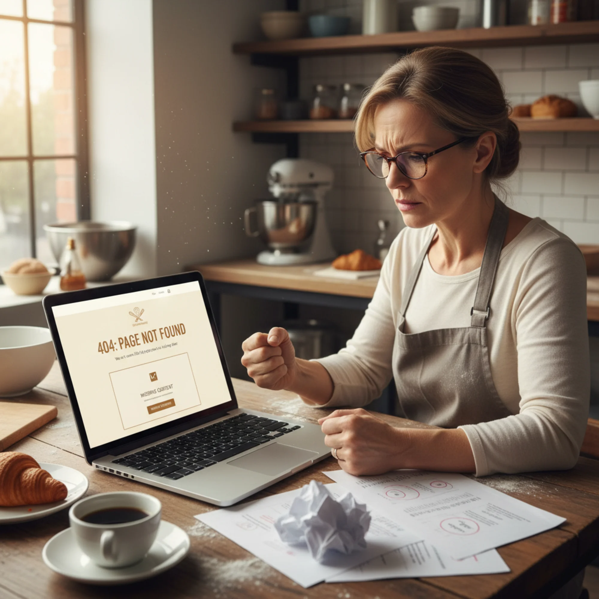 A frustrated small business owner staring at their laptop showing a 404 error page on a bakery website, with a "Page Not Found" message where a wedding cake gallery should be