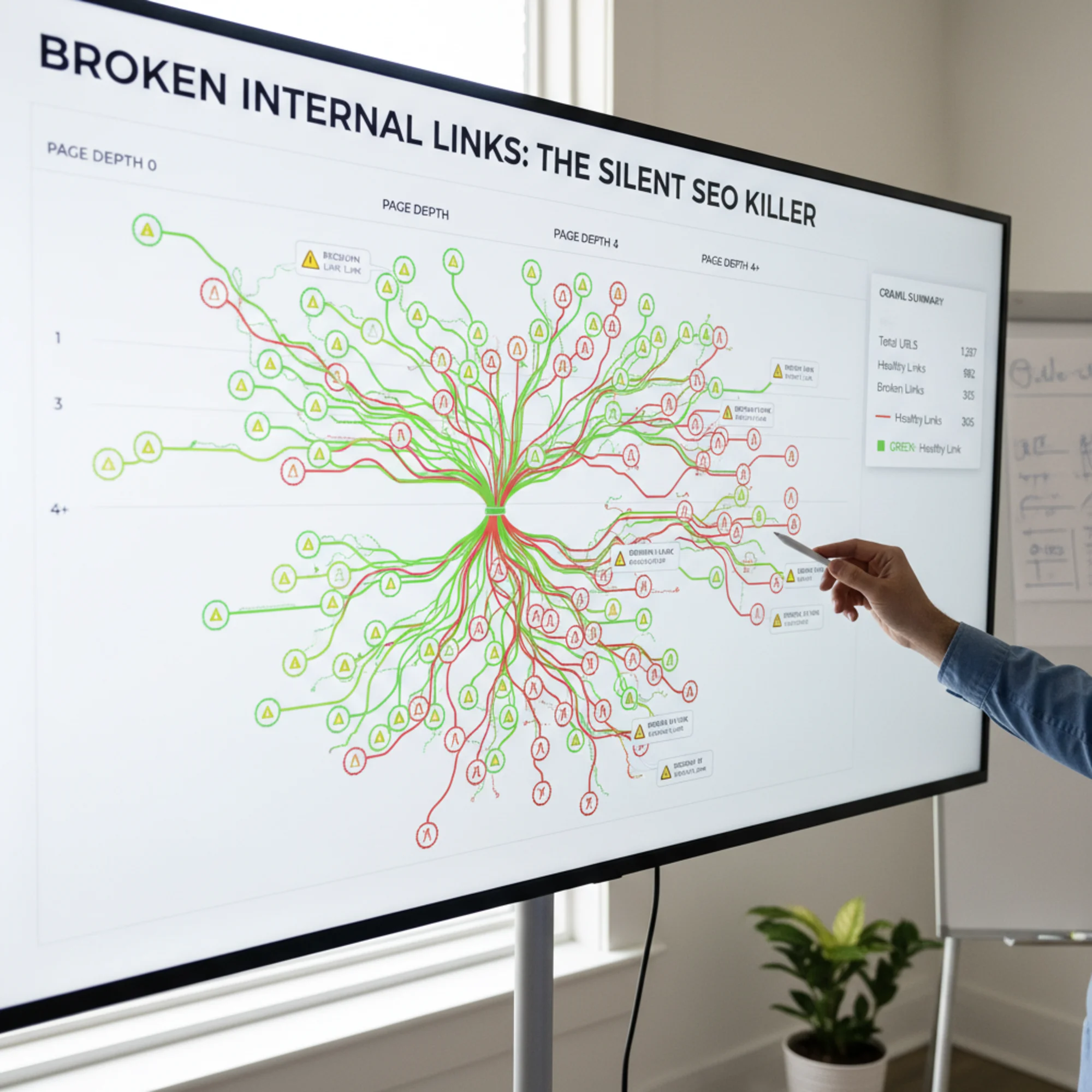 A website crawl report showing a branching tree of internal links, with healthy links drawn in green and broken links flagged in red with warning triangles, organized by page depth level
