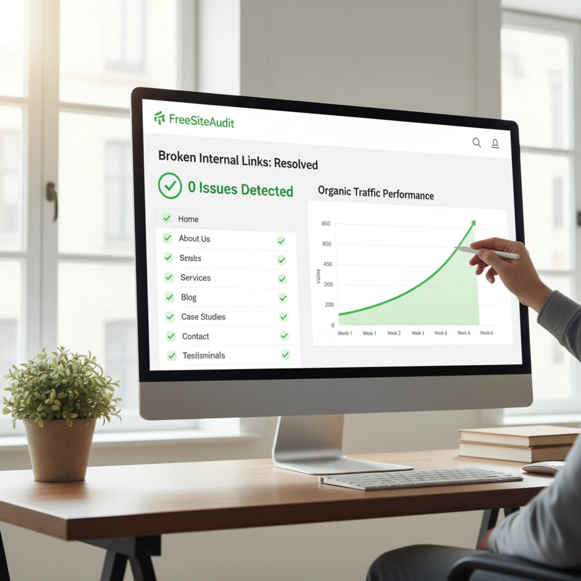 A FreeSiteAudit dashboard showing zero broken links detected, with green checkmarks next to every internal page and a line graph of organic traffic trending upward over six weeks