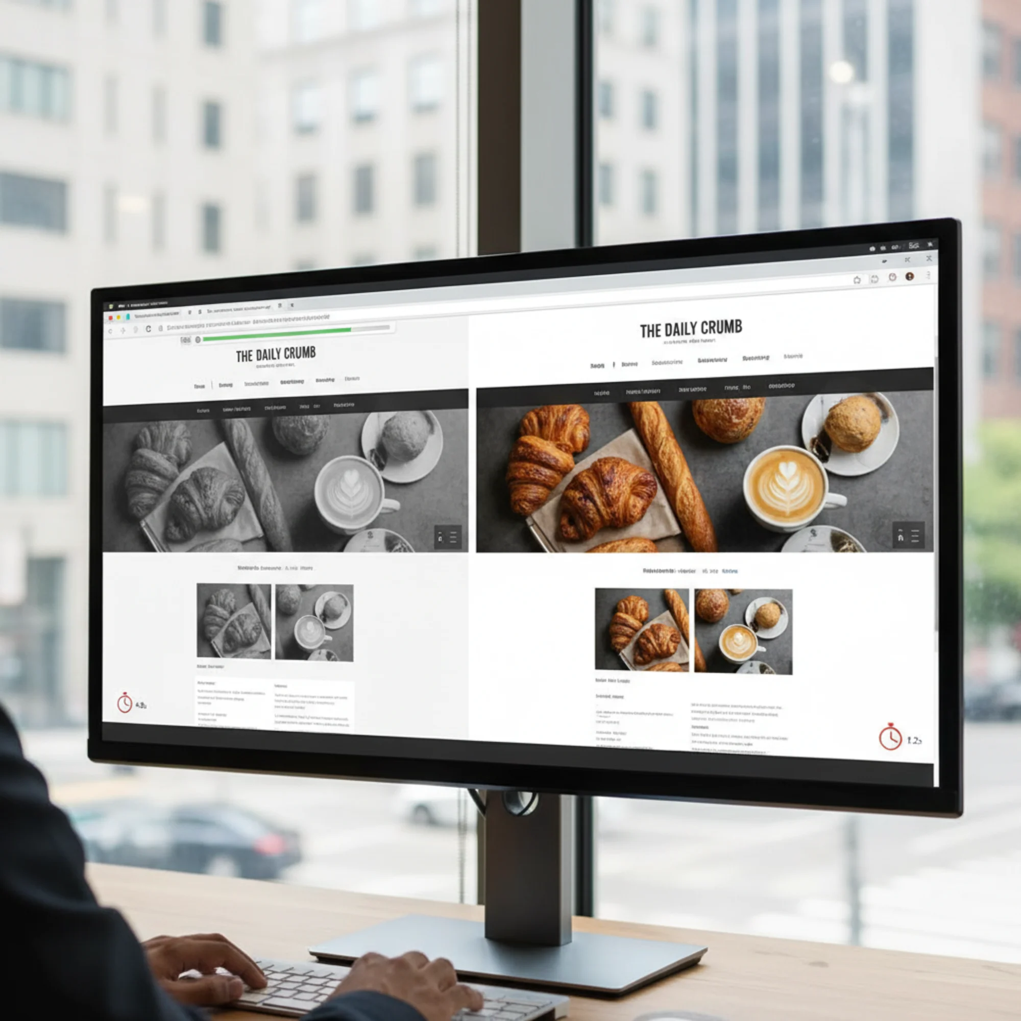 A split-screen browser view showing the same small business website loading: left side with a visible progress bar stuck at 60% and grayed-out images, right side fully loaded and crisp, with a subtle stopwatch overlay showing 1.2s vs 4.8s