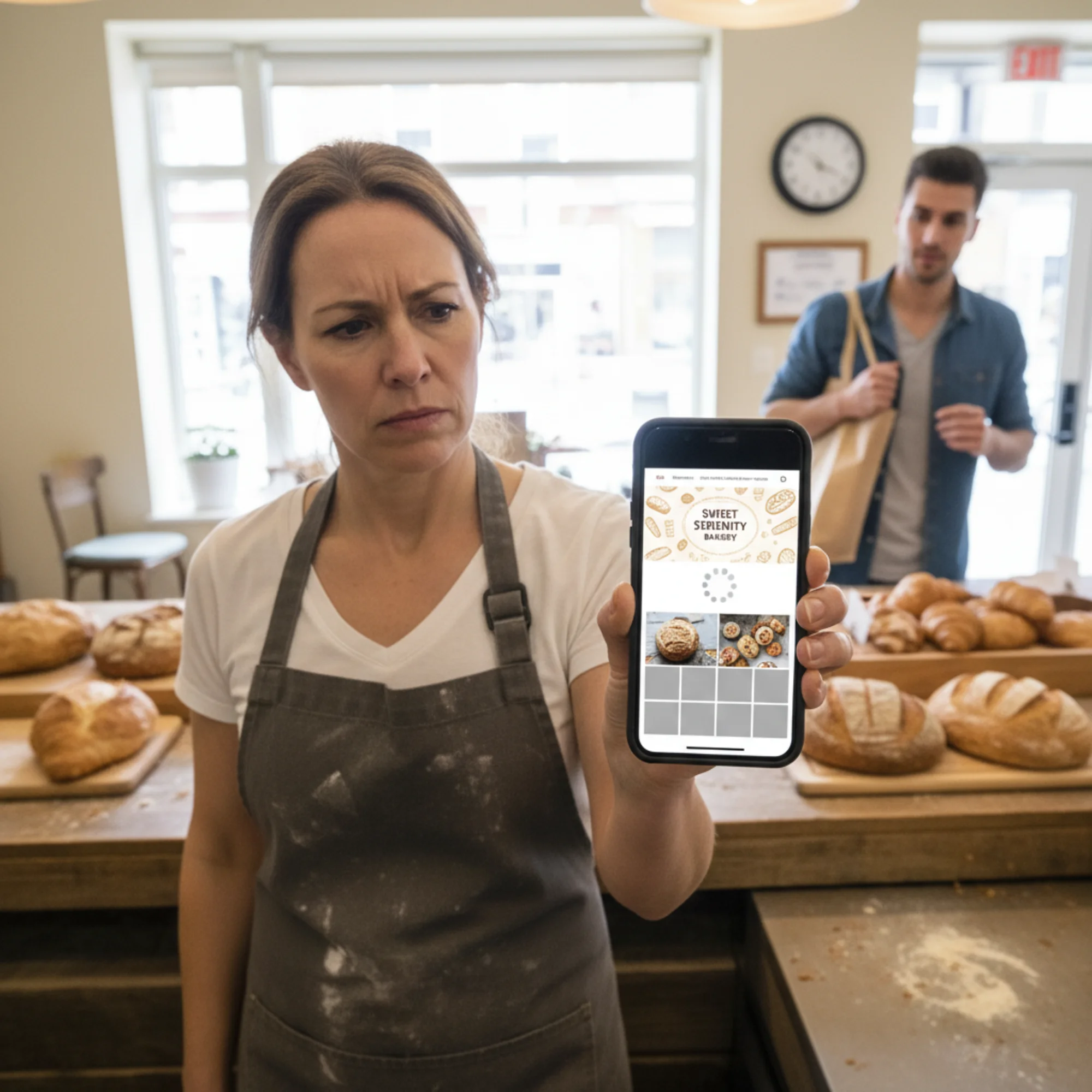 A frustrated bakery owner behind the counter checking her phone, watching her own website crawl to load while a customer waits — the phone screen shows a half-rendered page with a spinning loader icon