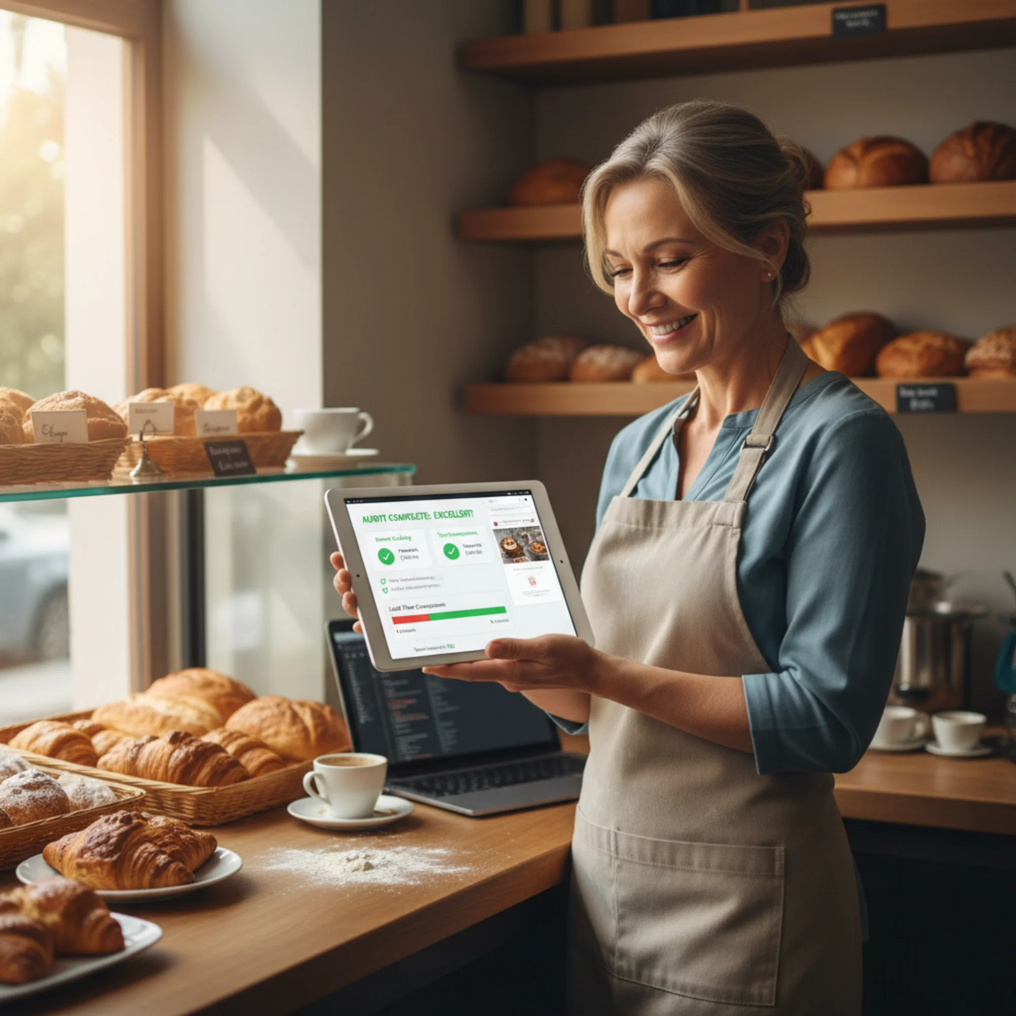 A relieved bakery owner reviewing her site speed report on a tablet at her shop counter, the screen showing green checkmarks next to caching and compression scores, with a visible before/after load time comparison chart