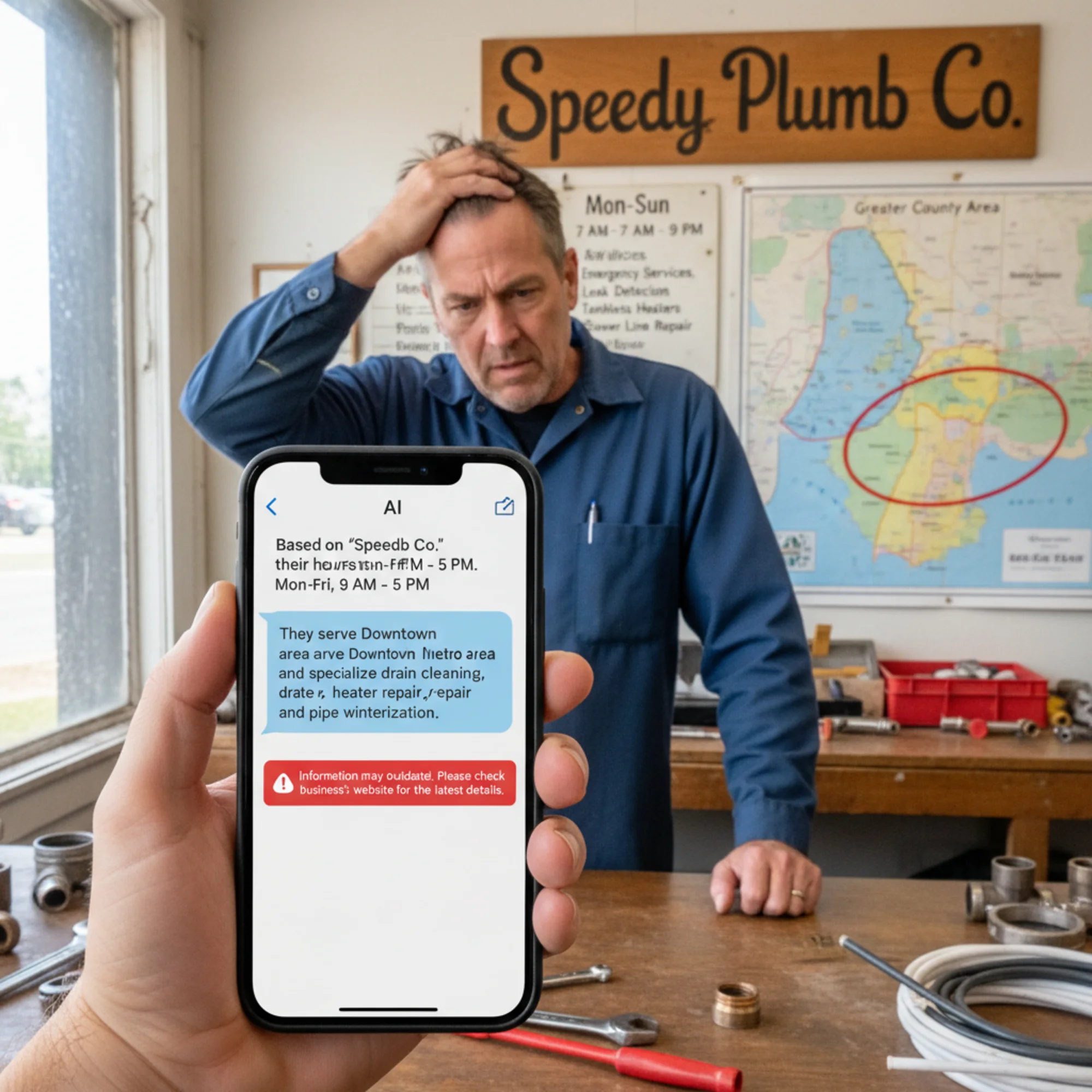 A phone screen showing an AI assistant giving wrong information about a local plumbing business — wrong hours, wrong service area, outdated services listed — while the frustrated owner reads it at their shop counter