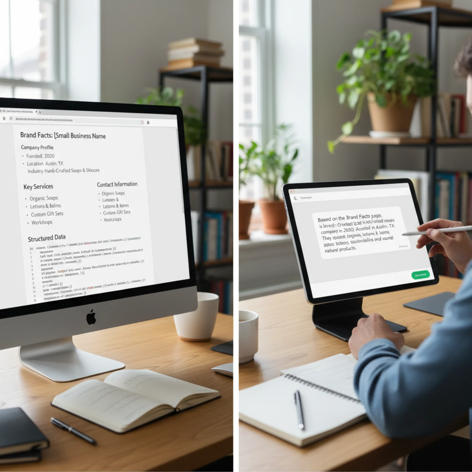 A split-screen view of a brand facts webpage on the left with clean headings, bulleted business details, and LocalBusiness JSON-LD code, and on the right an AI assistant accurately quoting those same facts in a response