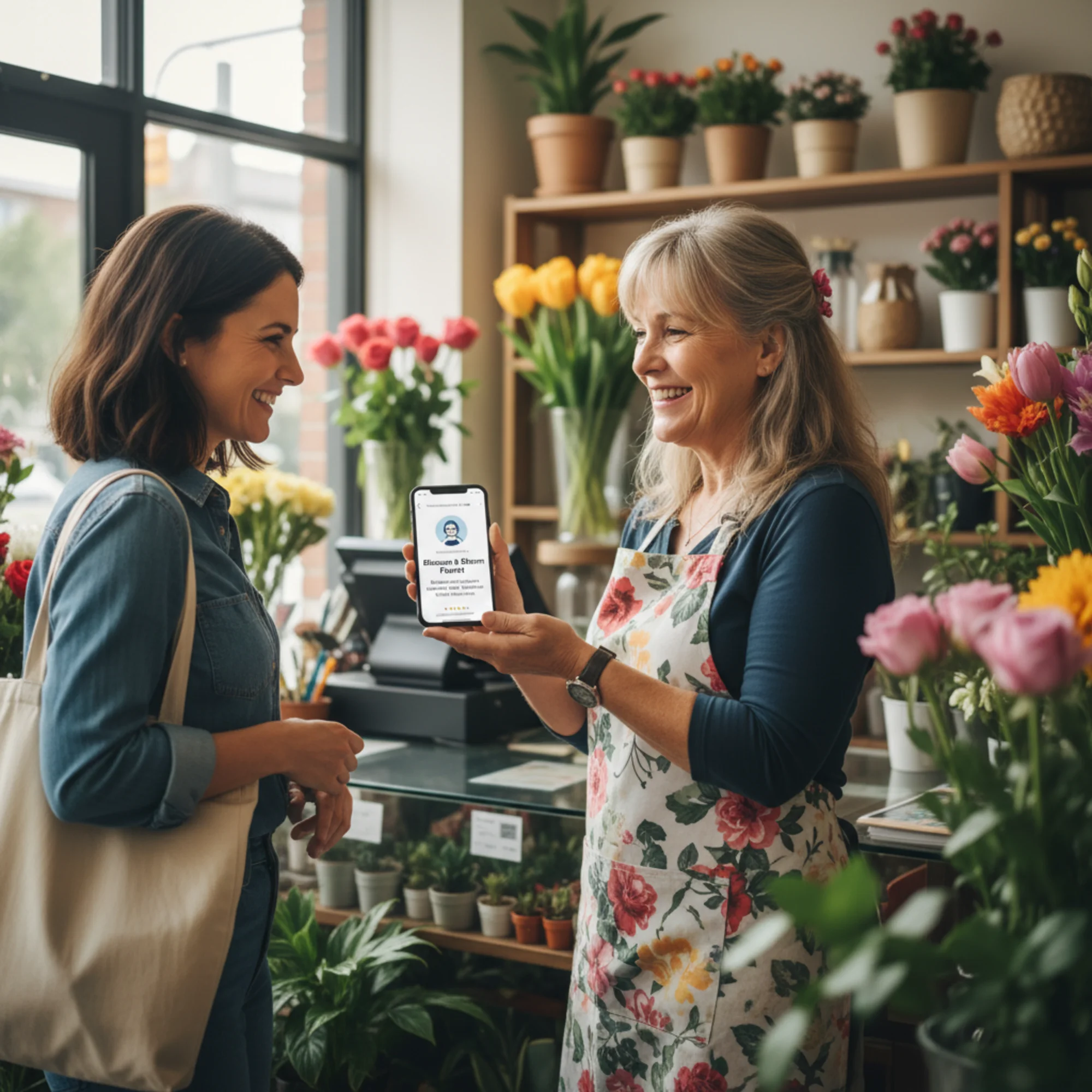 A happy florist shop owner showing a returning customer their phone where an AI assistant correctly recommends the shop by name with accurate details about specialty arrangements and delivery area
