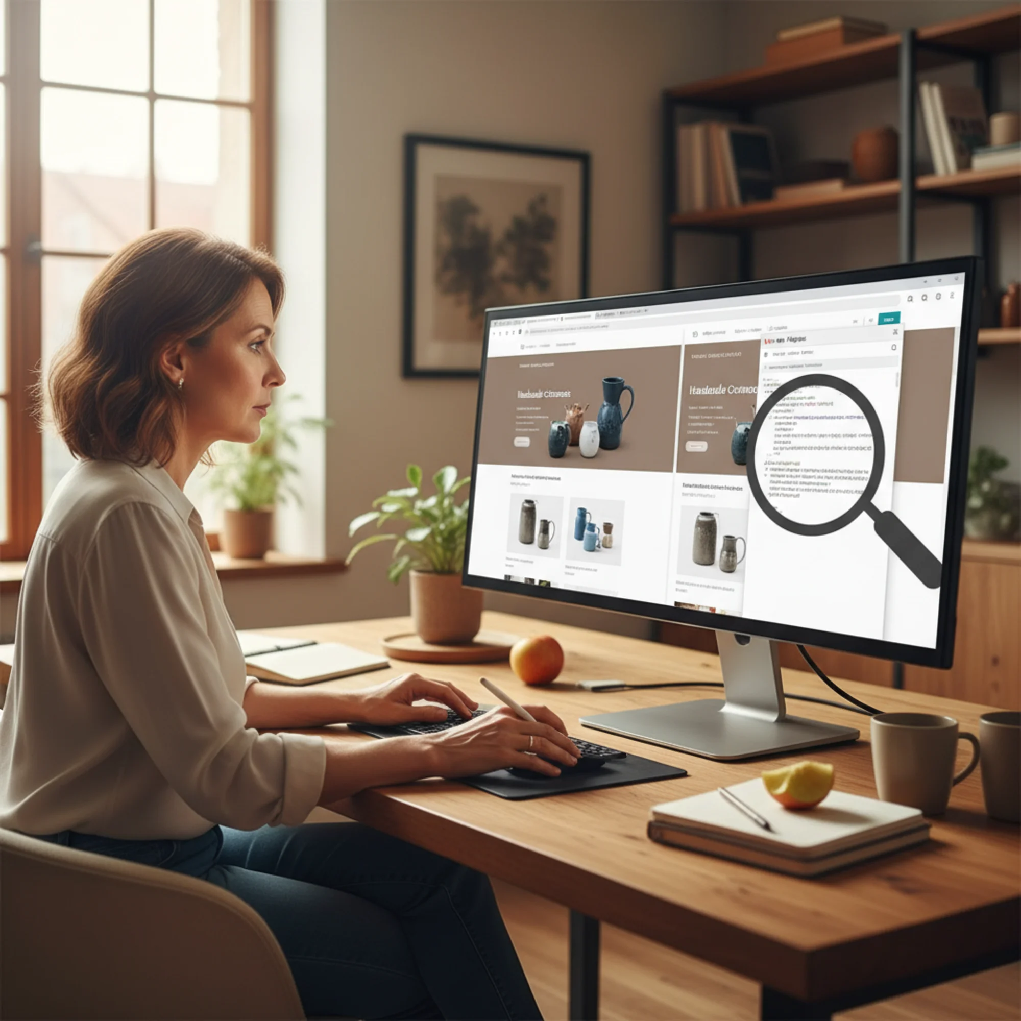 A small business owner looking at two identical-looking webpages side by side on a desktop monitor, with a magnifying glass icon highlighting a small HTML canonical tag in the page source code, warm office setting