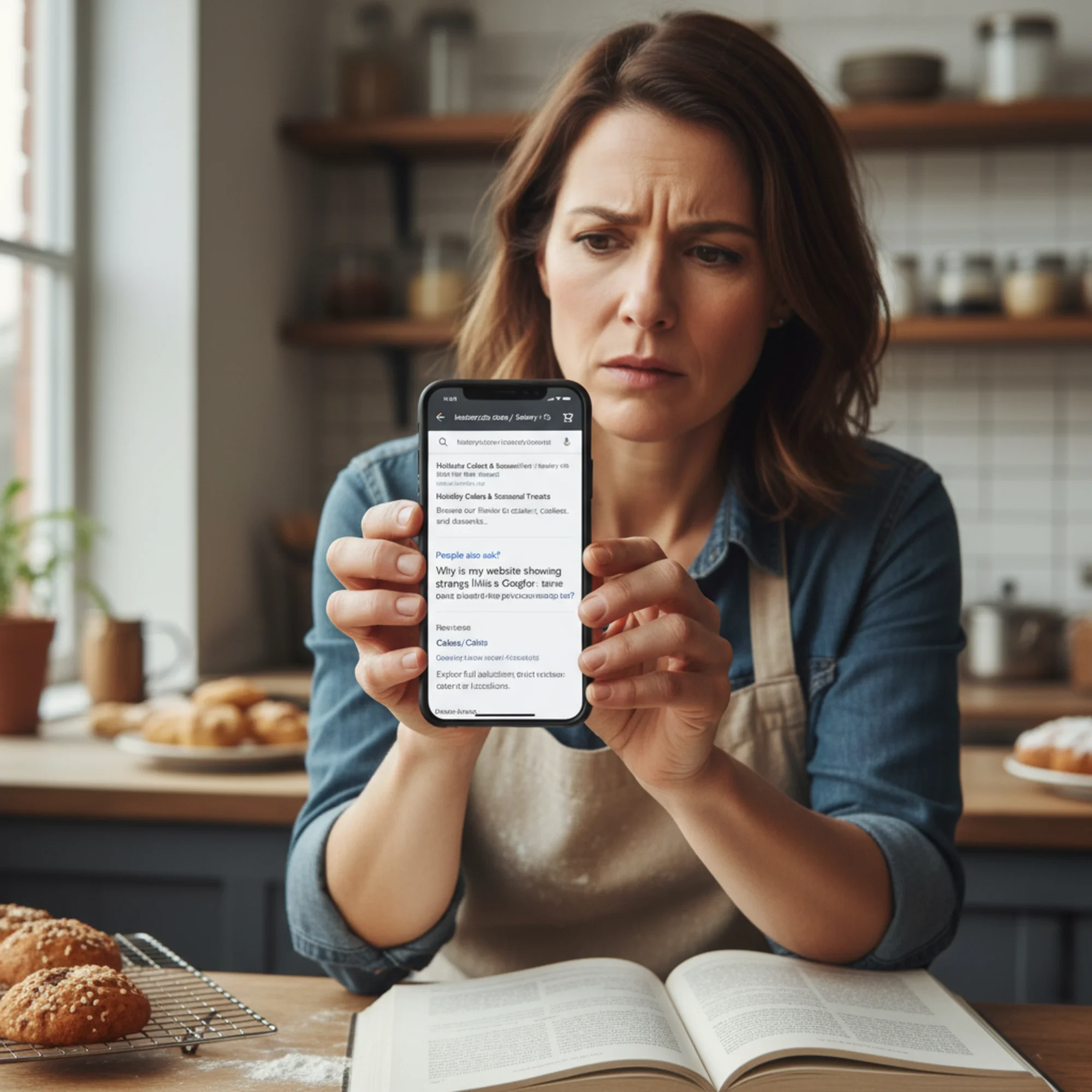 A Google search results page showing the wrong version of a bakery website ranking — a filtered URL with parameters appearing instead of the clean main service page, with the business owner looking confused at their phone