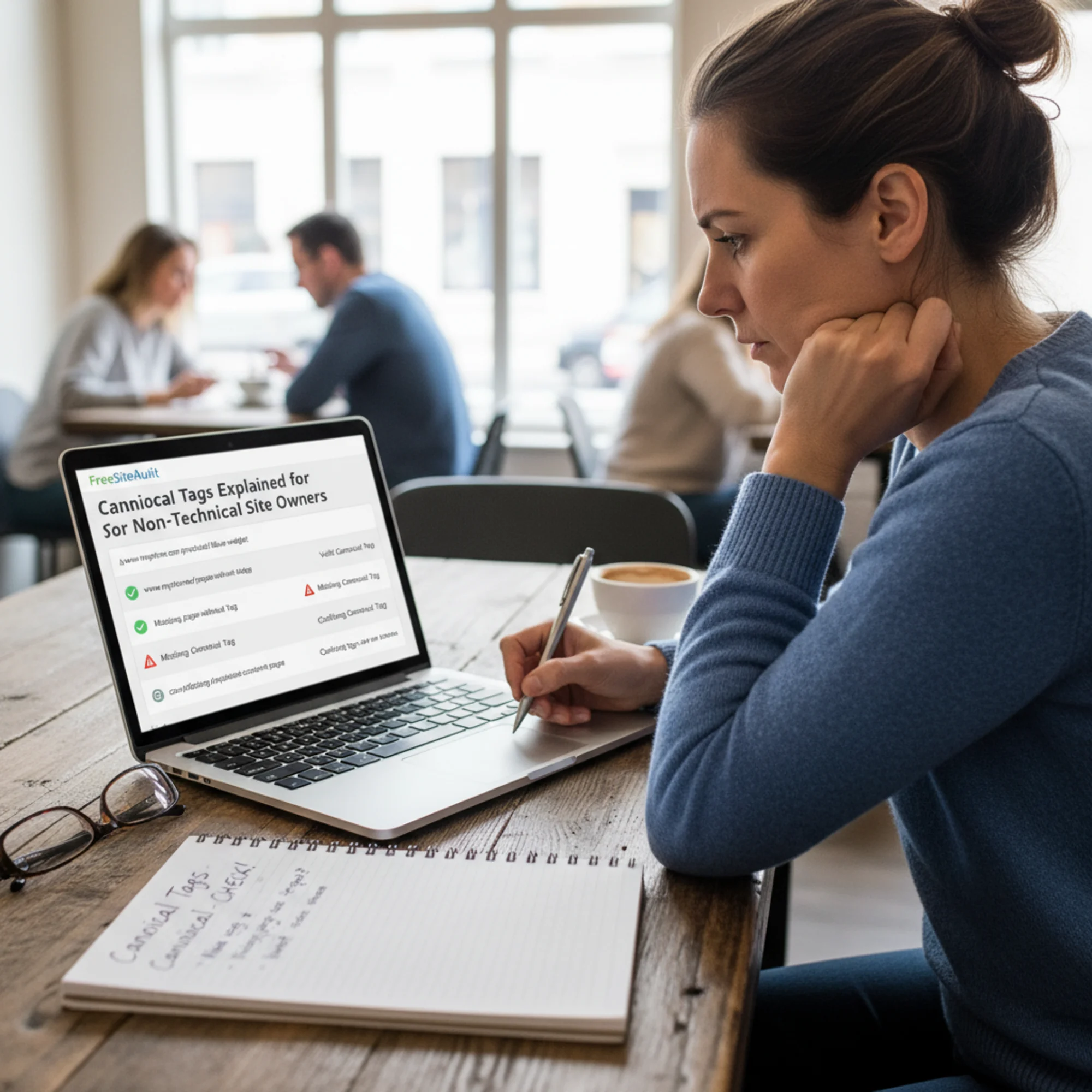 A FreeSiteAudit canonical tag audit report open on a laptop screen showing green checkmarks for valid canonicals and red warnings for missing or conflicting canonical tags next to specific page URLs, with the site owner taking notes on a notepad