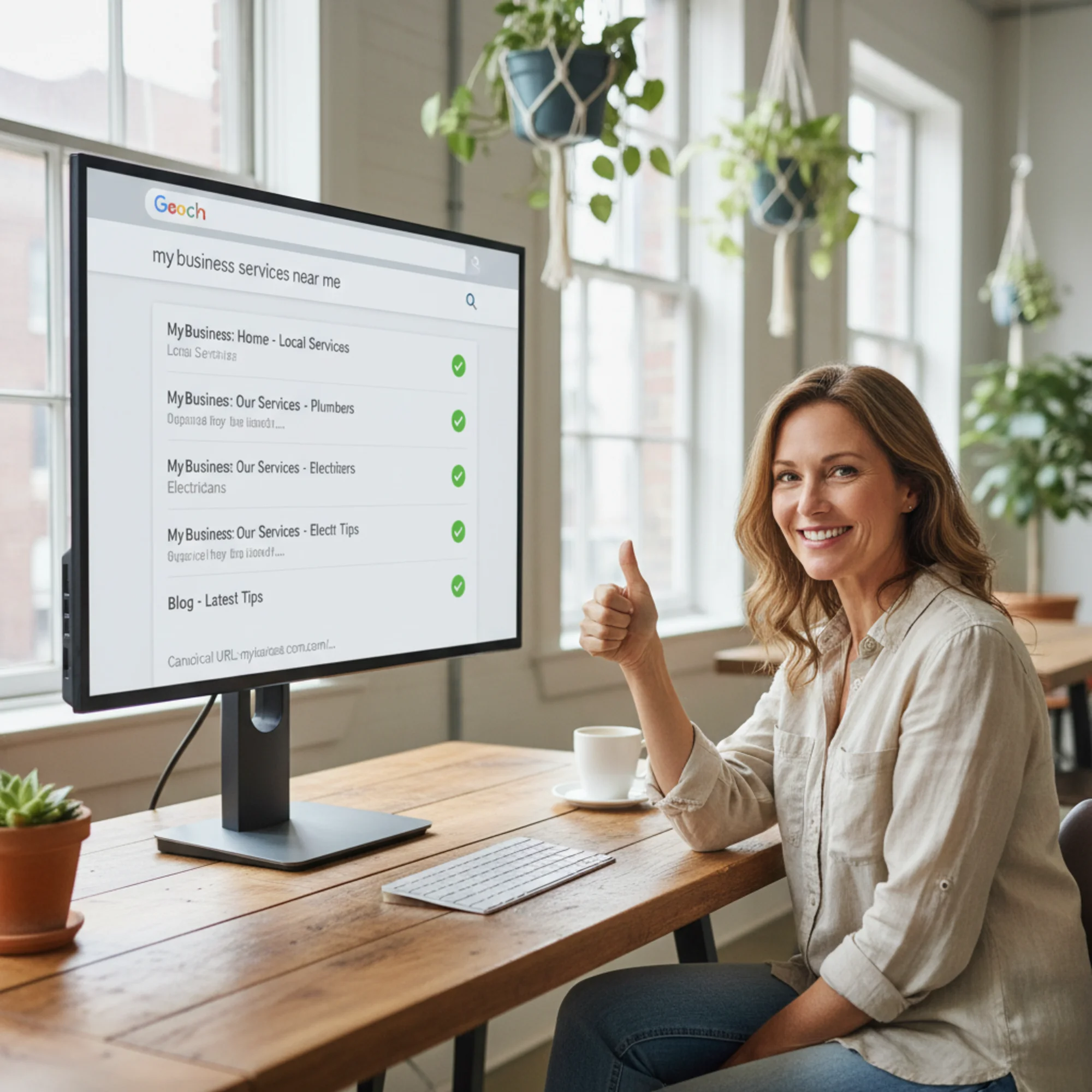 A happy small business owner reviewing clean Google search results where their correct homepage and service pages appear with proper canonical URLs, giving a thumbs up at their desk