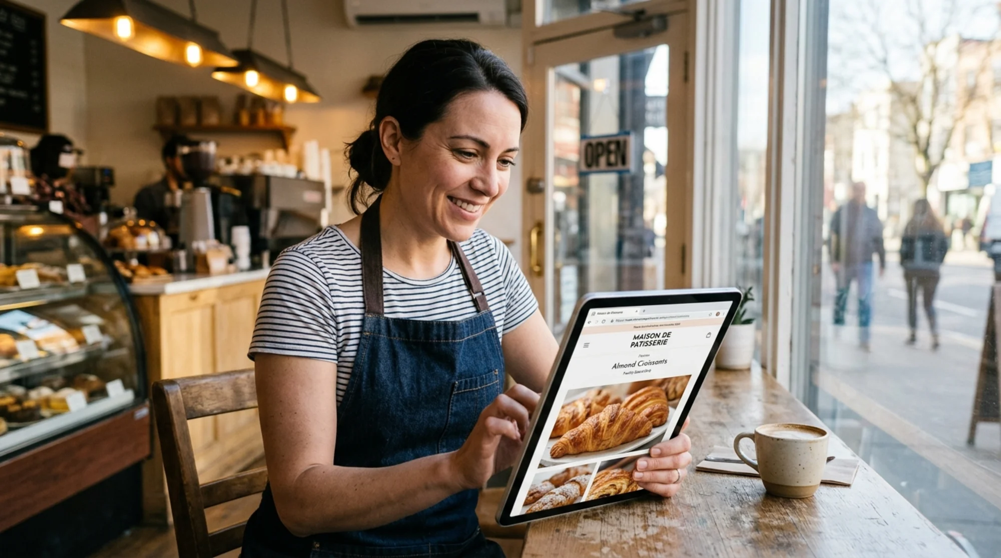 A small bakery owner on a tablet checking her own product page loading instantly on a slow cafe Wi-Fi connection, crisp pastry photos snapping into view, warm morning light through the shop window, browser address bar showing her shop URL