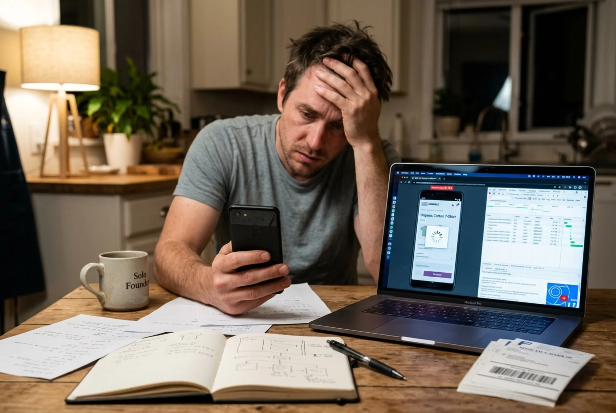 A frustrated solo founder at a kitchen table staring at a spinning loader on a WooCommerce product page on mobile, browser dev tools open showing an 8-second load time and a half-finished checkout, papers and a coffee mug nearby