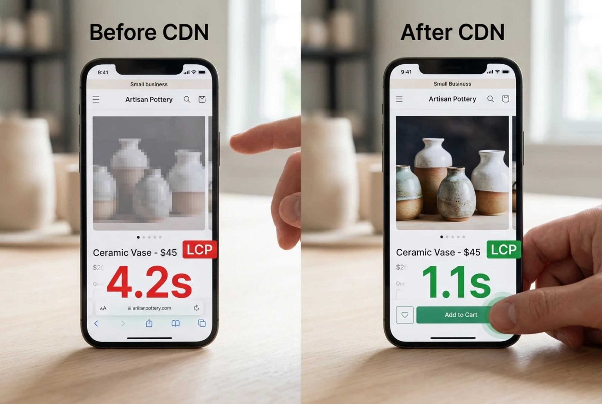 A split-screen comparison of the same small business product page before and after a CDN: left side shows a sluggish hero image with a 4.2s LCP timer, right side shows the same page fully rendered with a 1.1s LCP timer and a customer thumb tapping "Add to Cart"