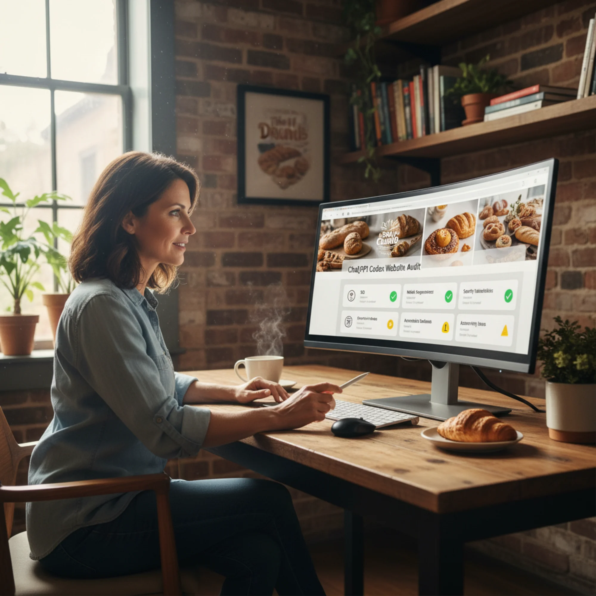 A small business owner reviewing a ChatGPT Codex task dashboard showing completed website audit tasks with green checkmarks and warning flags, a bakery website visible in a browser tab behind the dashboard
