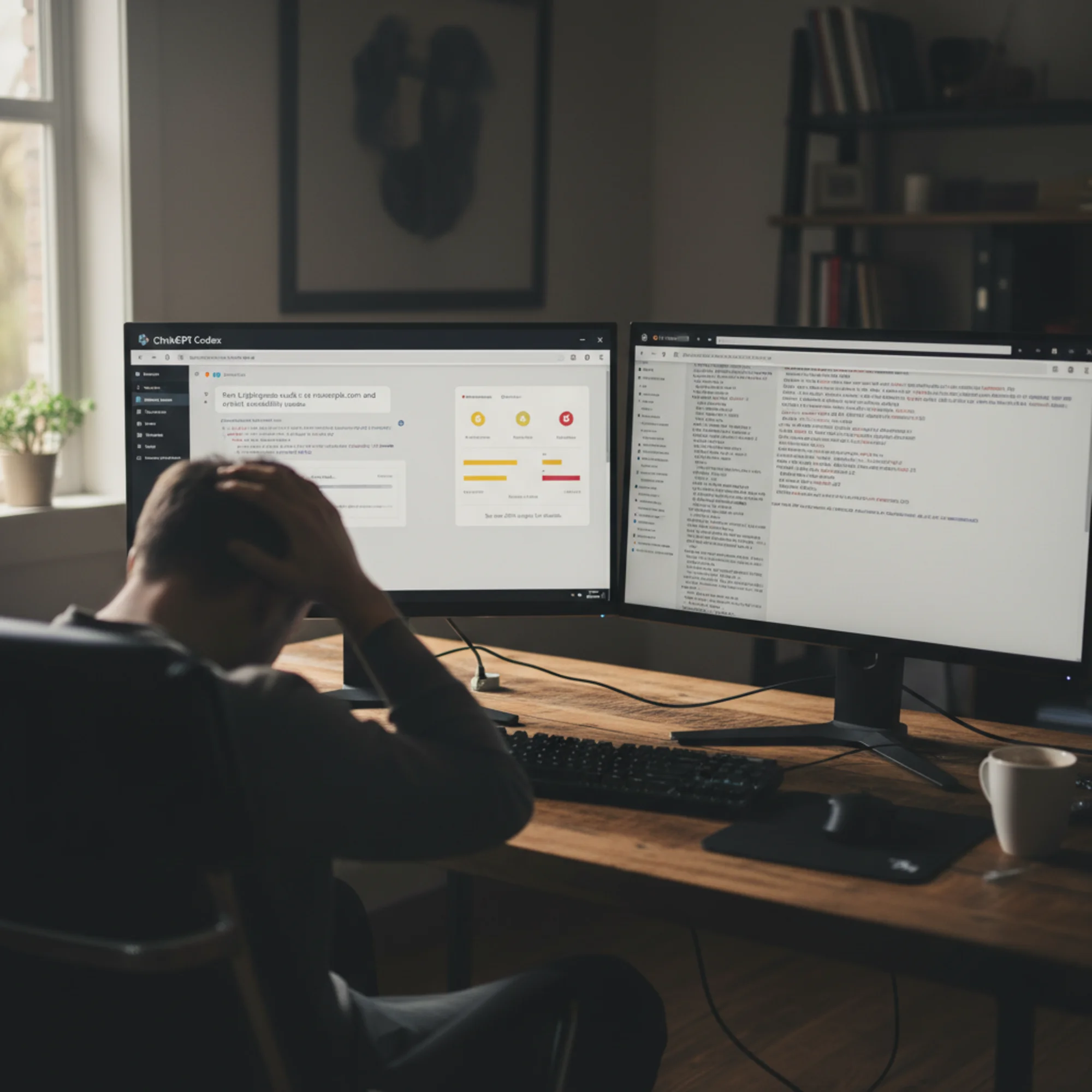 A split-screen showing a ChatGPT Codex sandbox running a Lighthouse audit script on the left, while the right side displays a wall of raw JSON error output with no severity labels or plain-English explanations