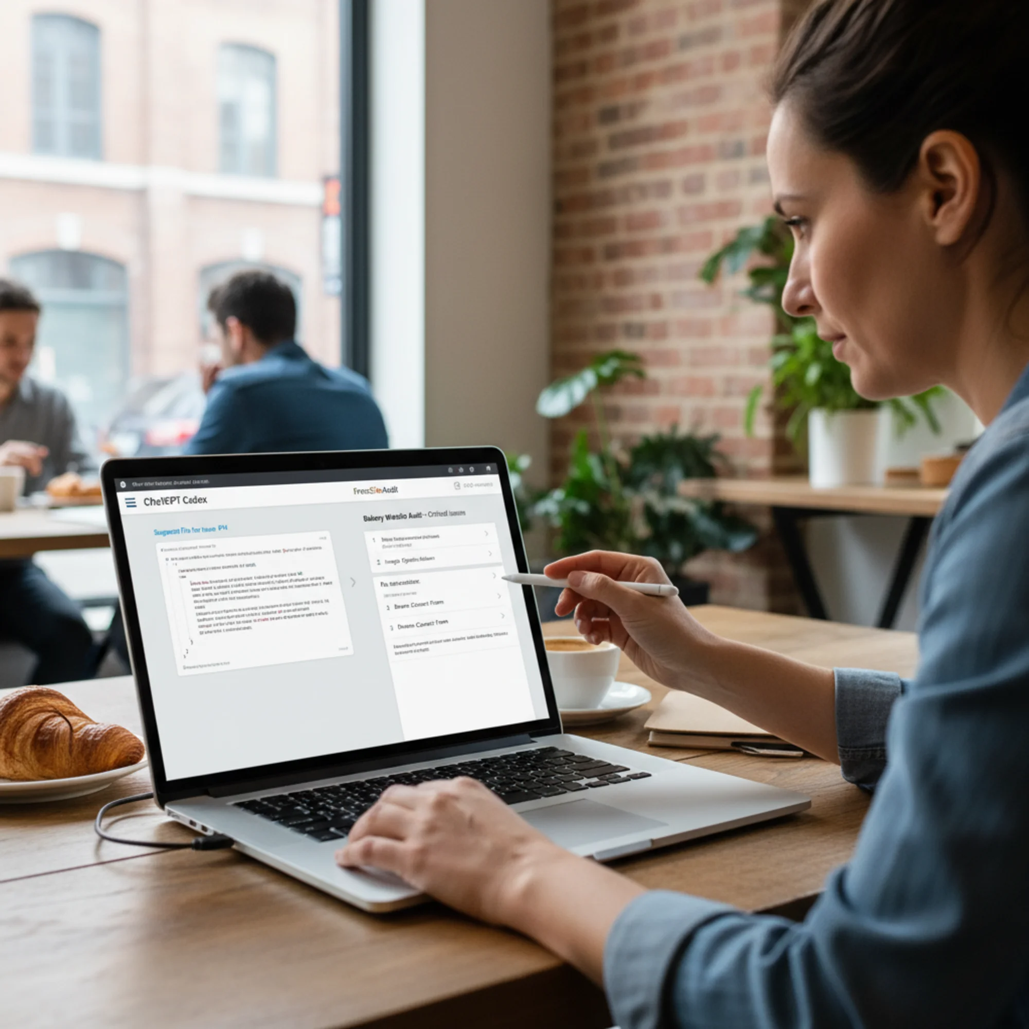 A bakery website owner comparing a Codex-generated HTML fix in a chat window against a FreeSiteAudit prioritized checklist showing severity-ranked issues with fix instructions for each item