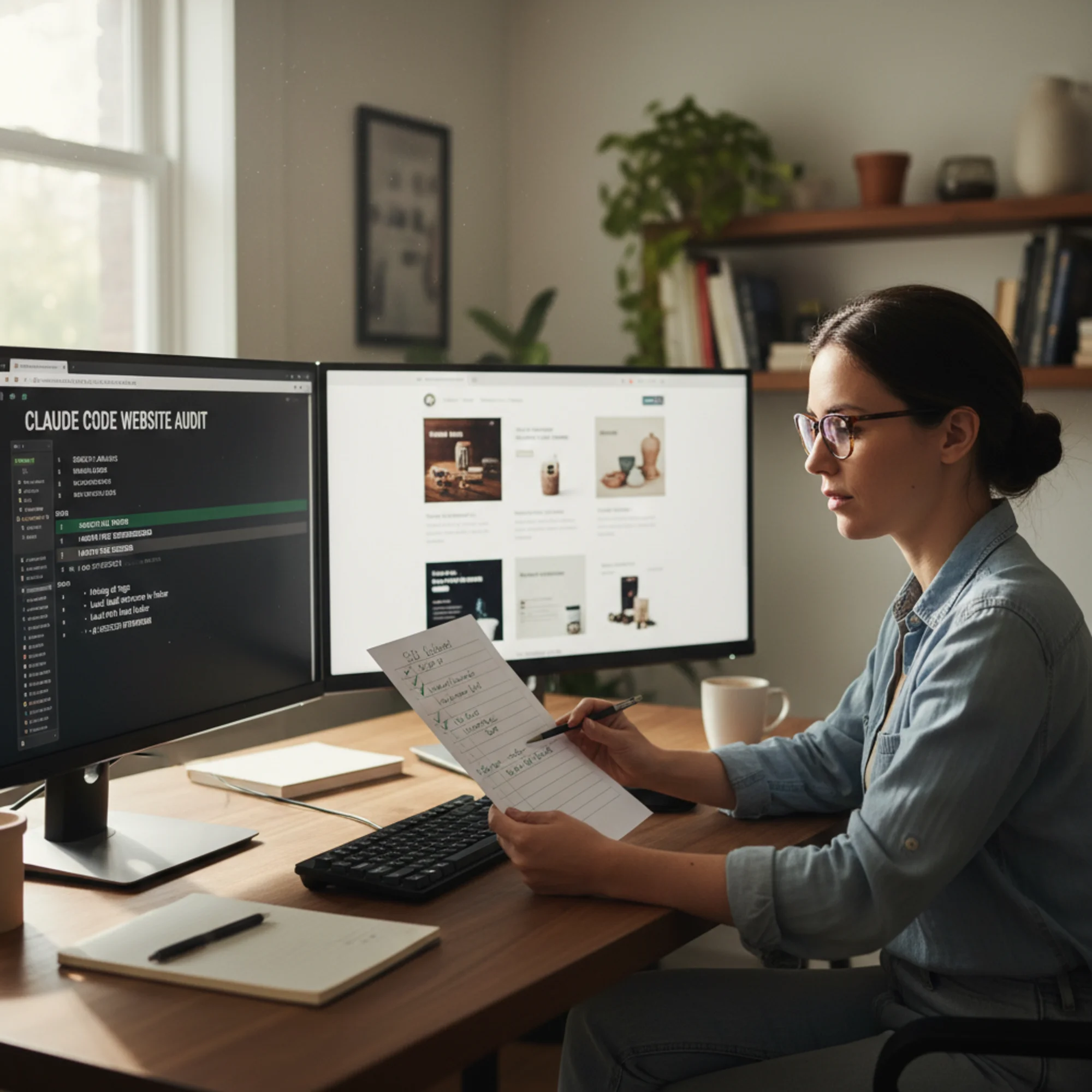 A small business owner at their desk comparing Claude Code terminal output on one monitor with their live website on a second screen, a printed SEO audit checklist in hand with several items checked off