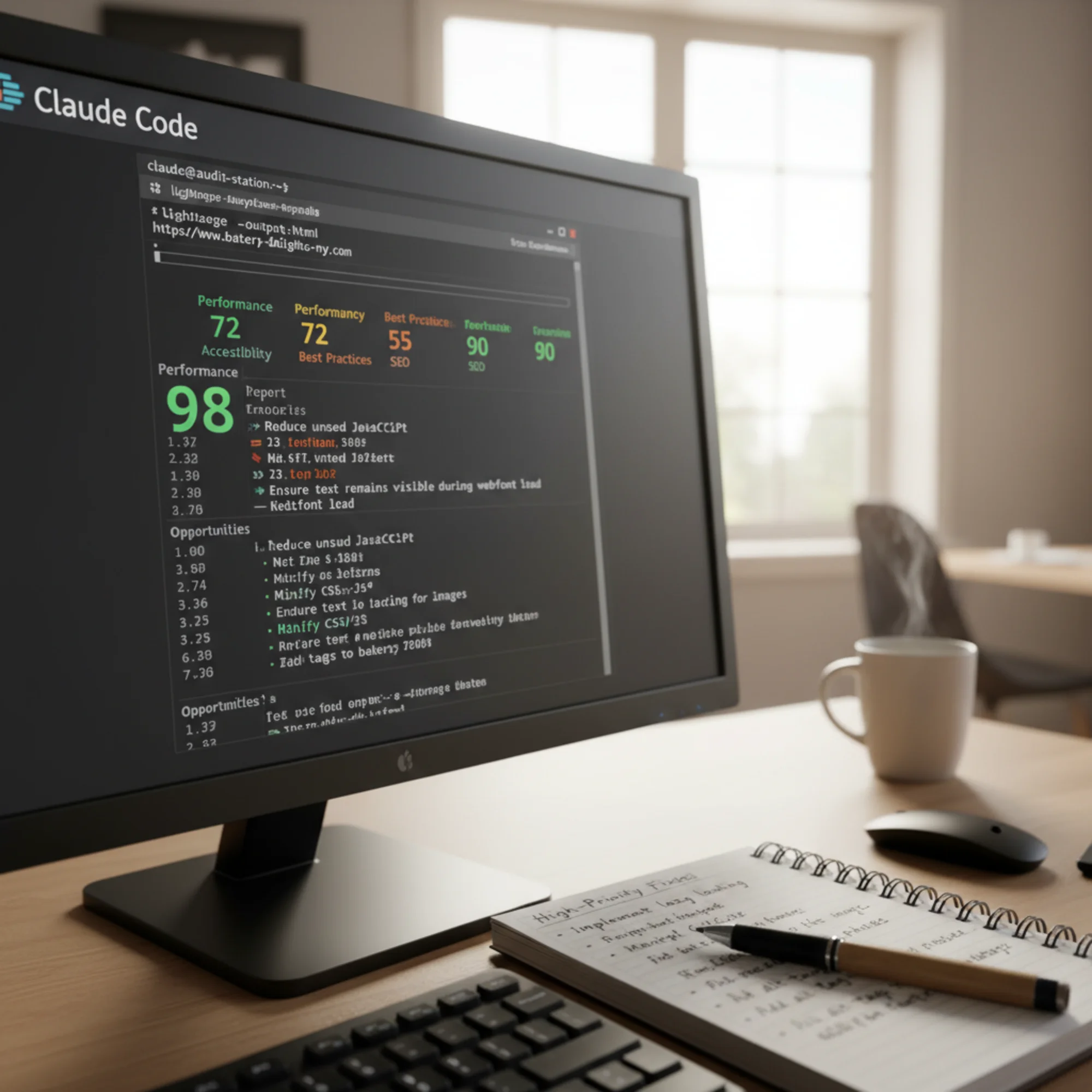 A Claude Code terminal running a Lighthouse audit against a small business website, showing color-coded performance and SEO scores, with a notebook of prioritized fix notes beside the keyboard
