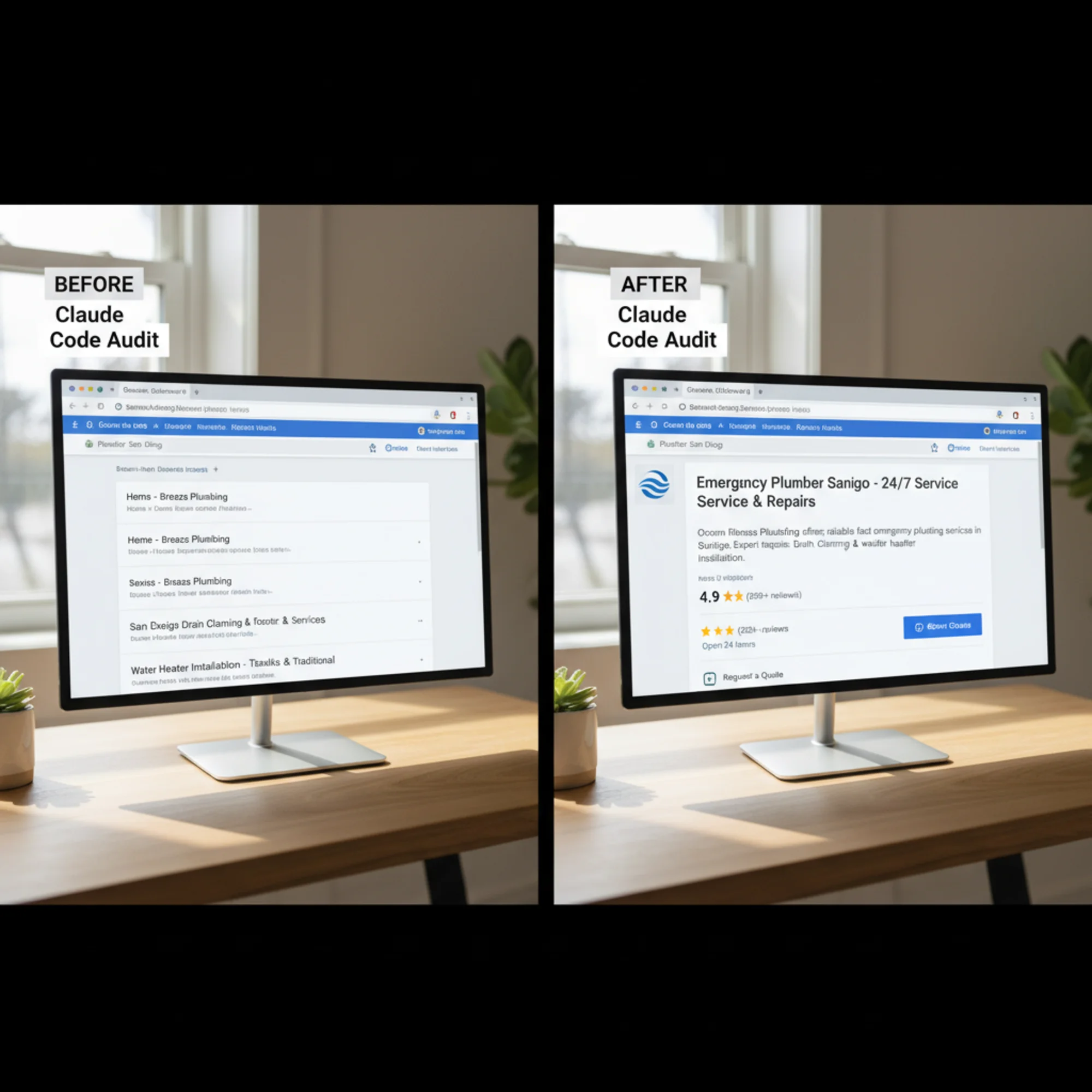 A side-by-side before-and-after of Google search results for a plumbing business site built with Claude Code, showing generic titles and missing descriptions on the left versus optimized title tags, meta descriptions, and rich snippets on the right