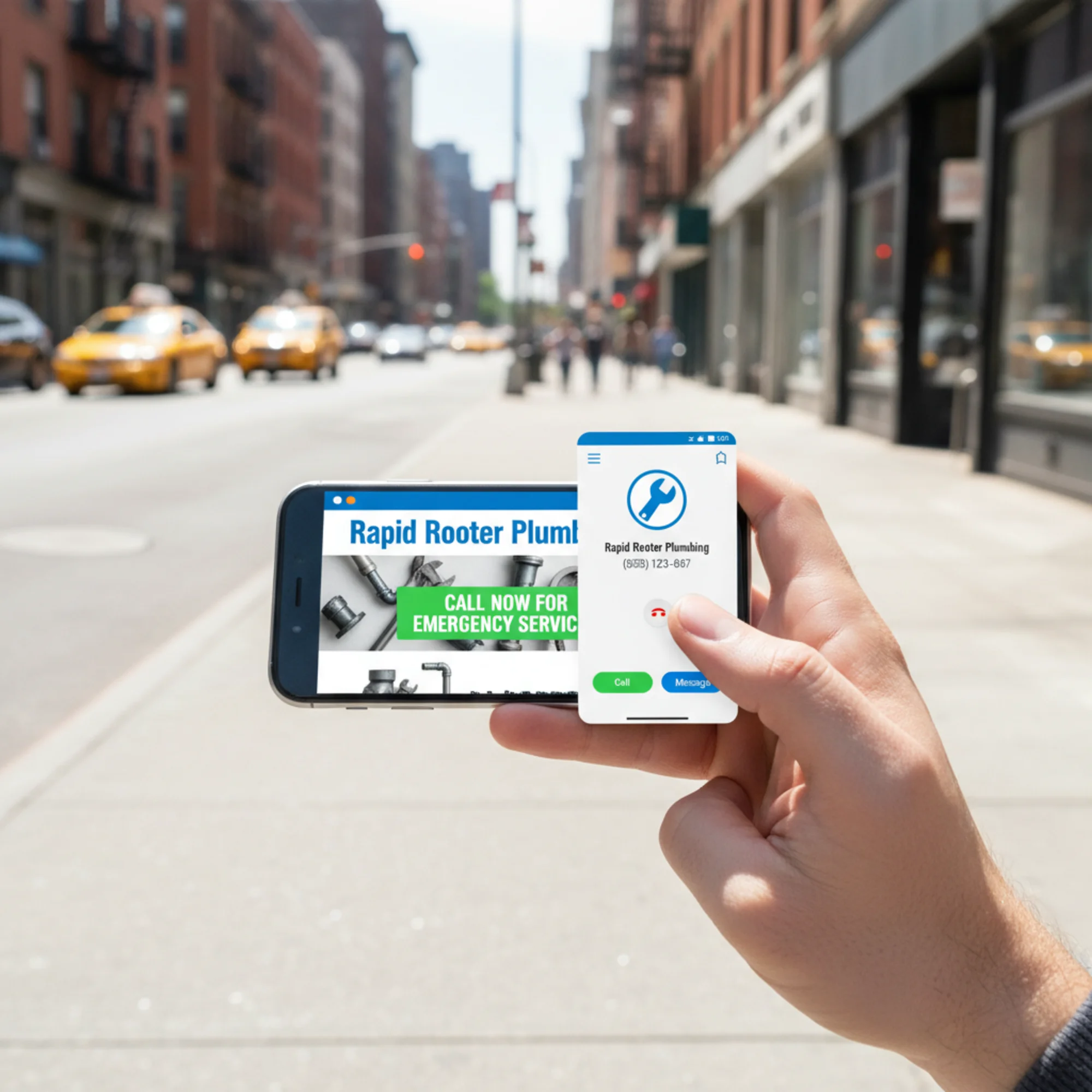 A customer on a sidewalk tapping a bright green "Call Now" button on a plumber's mobile website, with the phone dialer screen appearing over the page