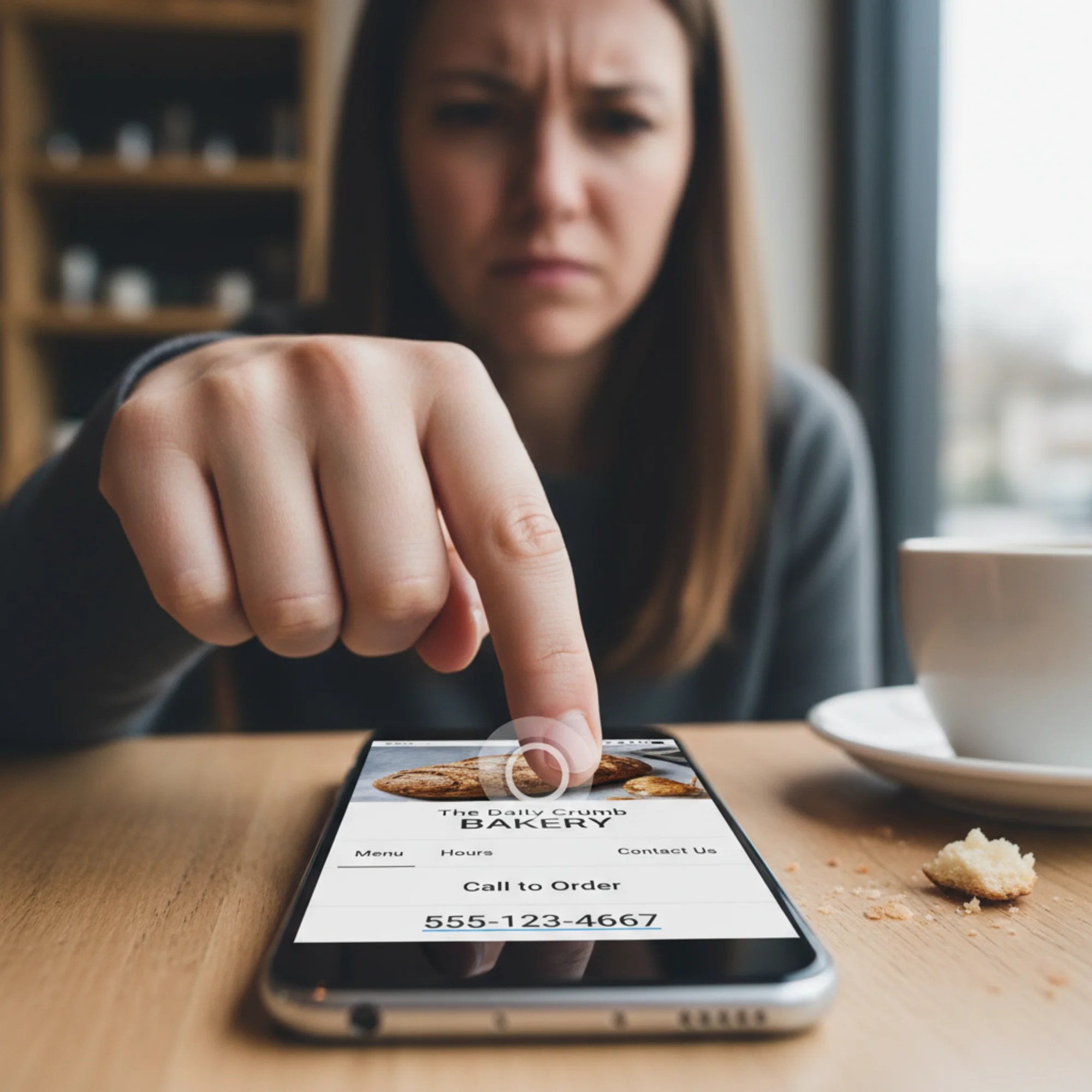 A mobile phone screen showing a local bakery website where the phone number is plain unlinked text, with the customer's finger long-pressing the number unsuccessfully
