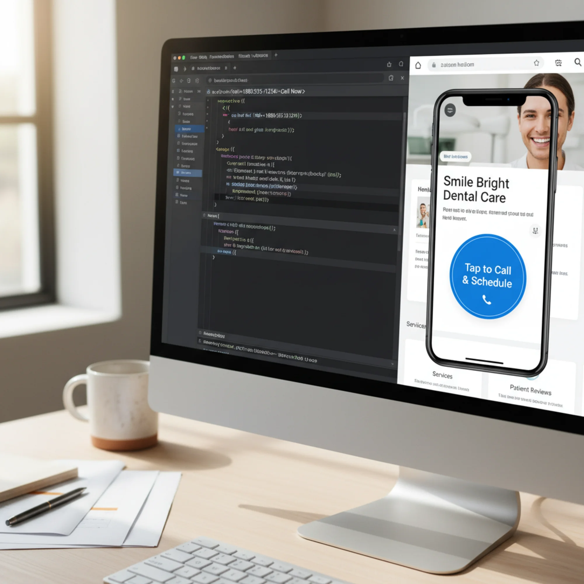 A split-view of an HTML editor showing a tel: link being added on the left, and a mobile browser preview on the right showing the resulting tap-to-call button on a dentist's website