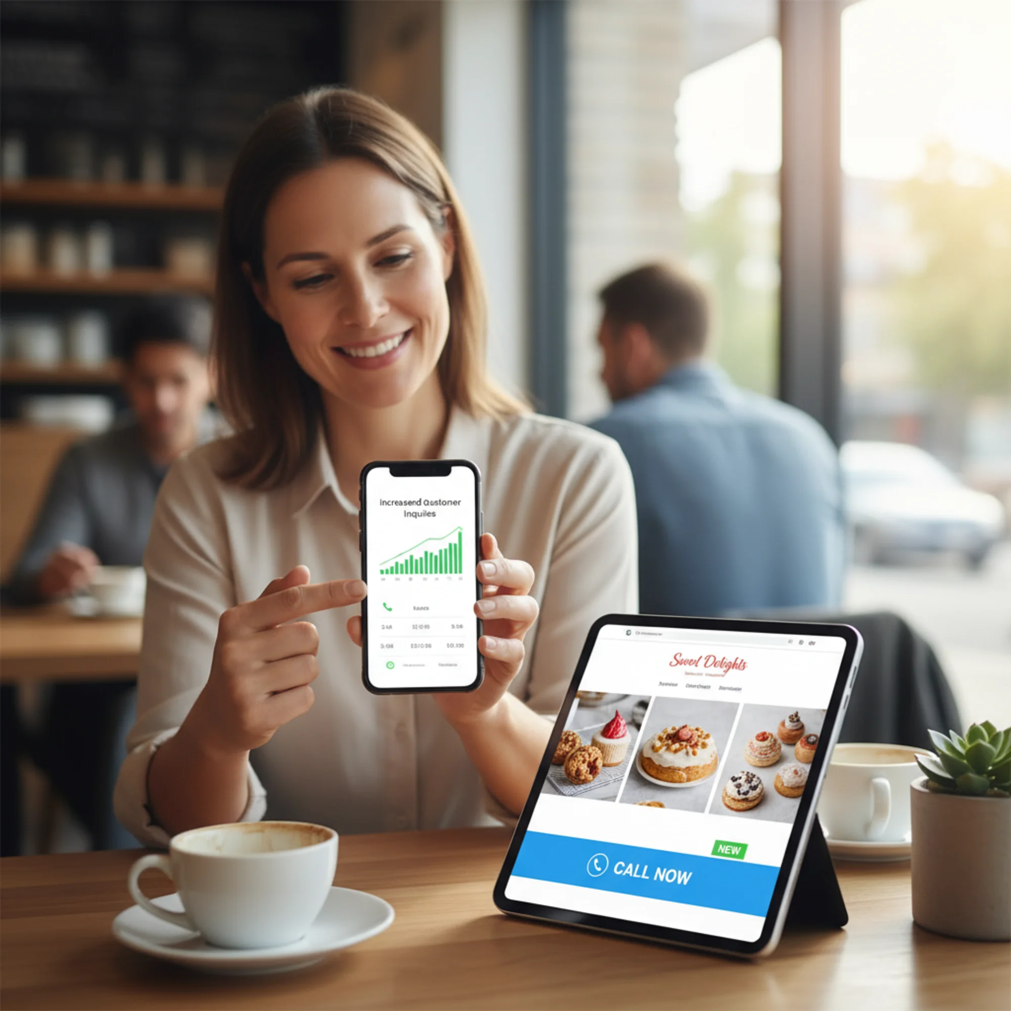 A small business owner reviewing a call log on their phone showing a spike in inbound calls after adding click-to-call, with their updated mobile site visible on a tablet beside them showing a sticky call banner