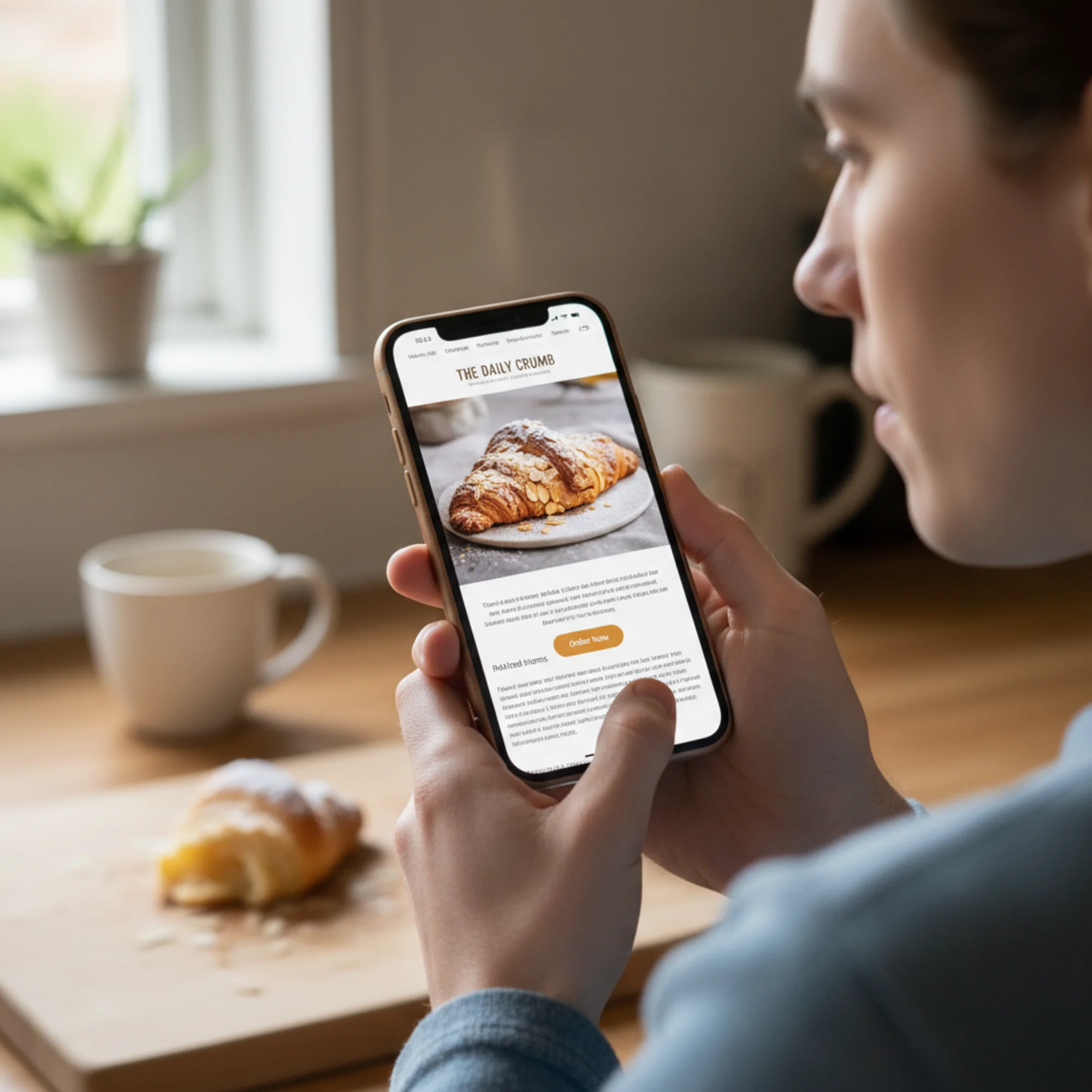A small bakery website on a phone screen where a product photo has just loaded and pushed the "Order Now" button downward, with a customer's thumb hovering over the wrong spot — illustrating layout shift frustration during a real purchase moment