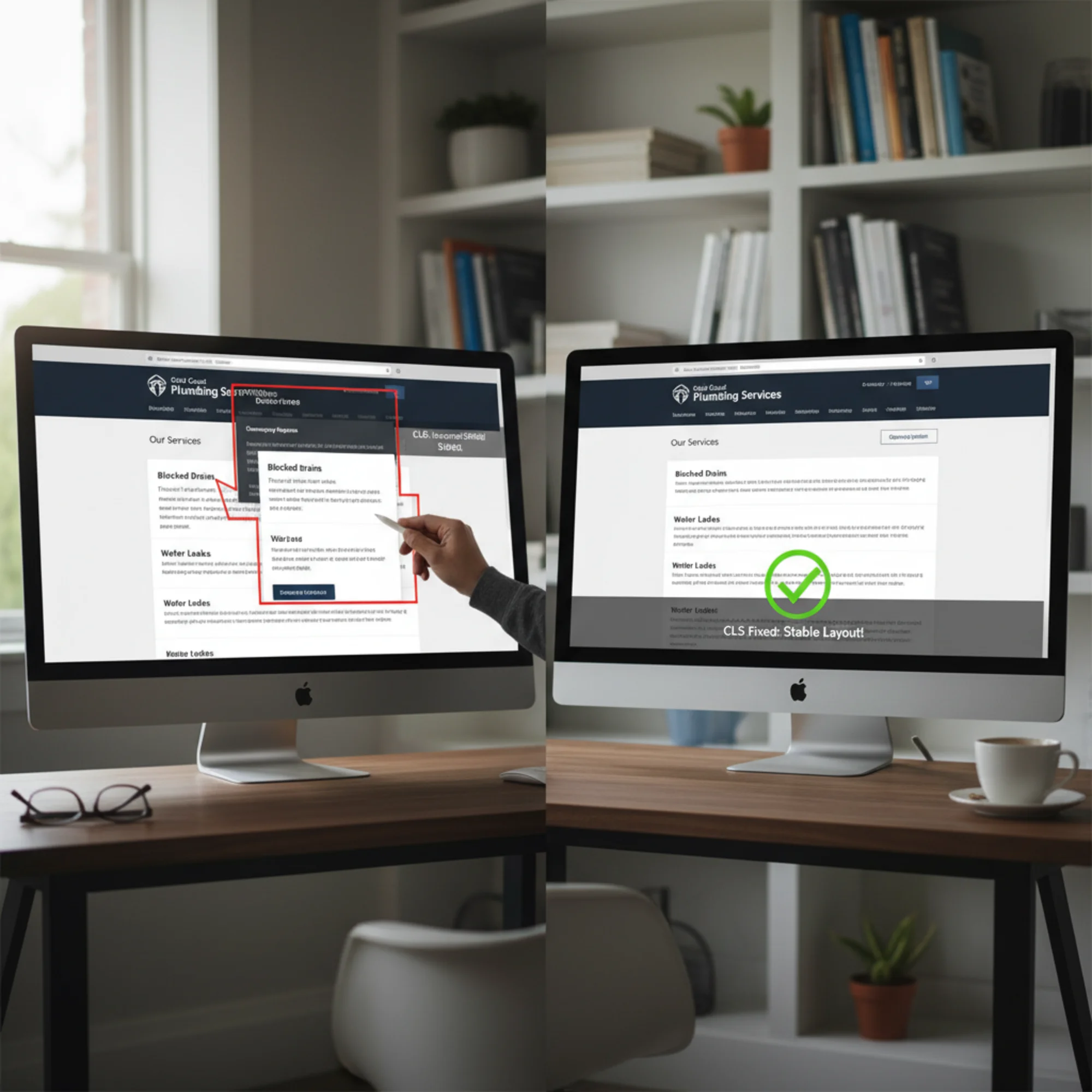 A split-screen comparison of a local plumber's website: left side shows a cookie banner pushing page content down mid-scroll with red highlights on the shifting text, right side shows the same page with a fixed bottom-overlay banner and a green checkmark