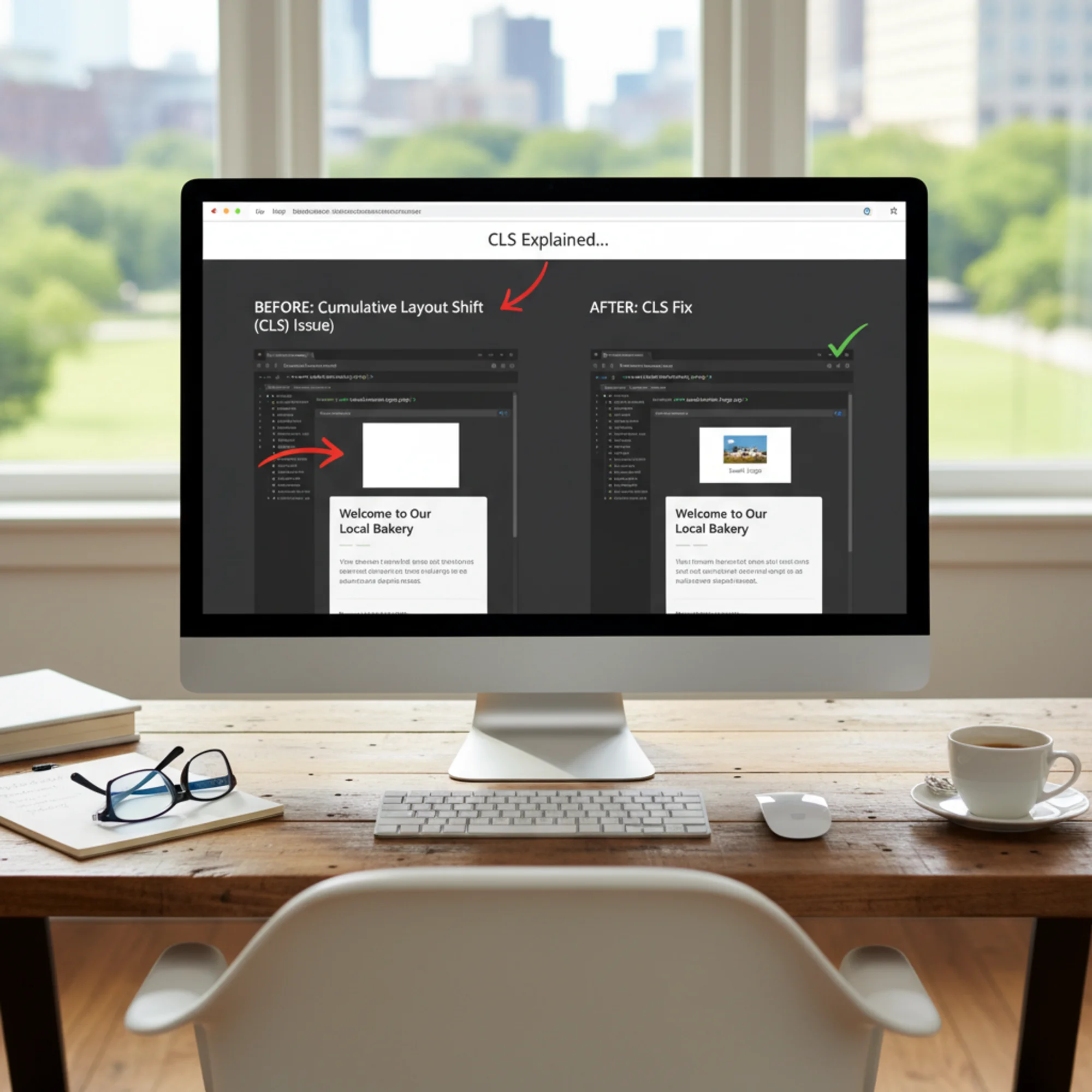 A before-and-after code snippet view showing an HTML image tag without width and height attributes on the left causing a blank gap that suddenly fills and shifts text, and the same image tag with explicit width and height on the right reserving proper space from the start