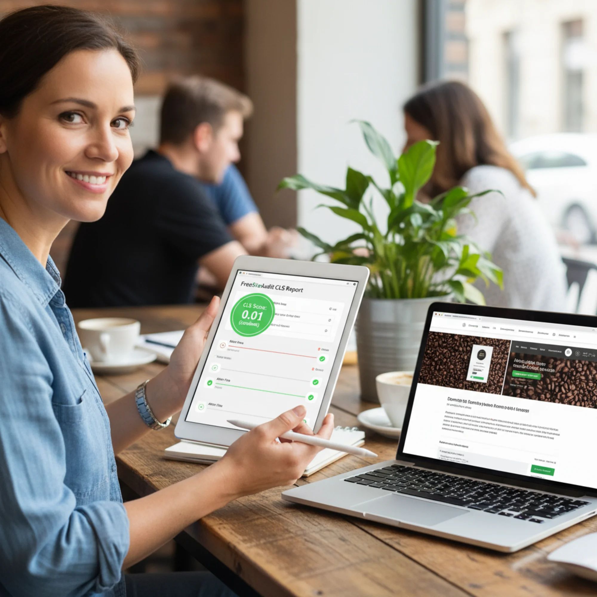 A small business owner viewing their FreeSiteAudit CLS report on a tablet with the score highlighted in green after fixes, beside a laptop showing their live product page loading with stable layout and no content jumps