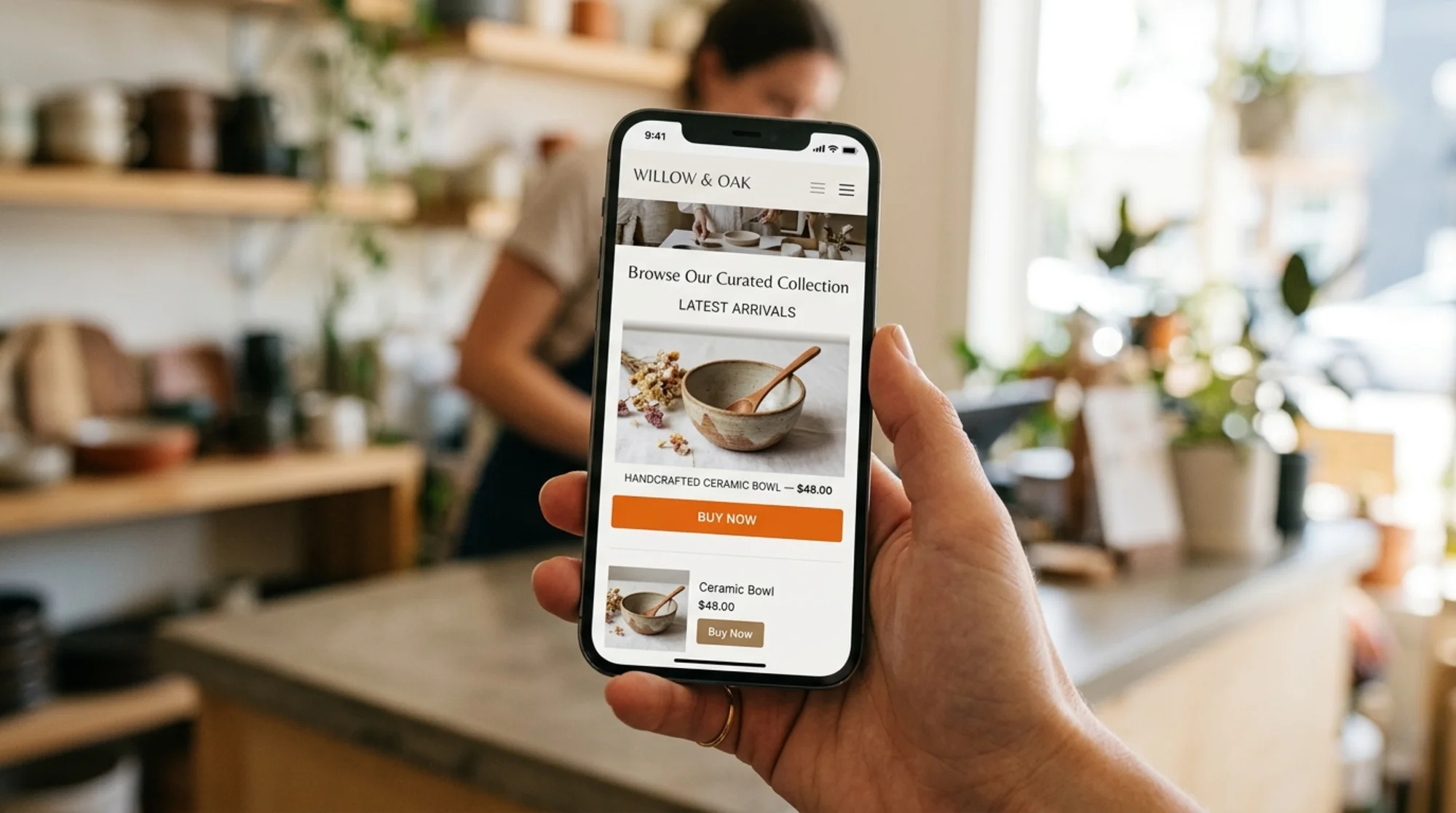 Close-up of a small business homepage on a mobile phone screen mid-load, with a product hero image snapping into place above a "Buy Now" button, subtle motion blur showing the shift happening in real time