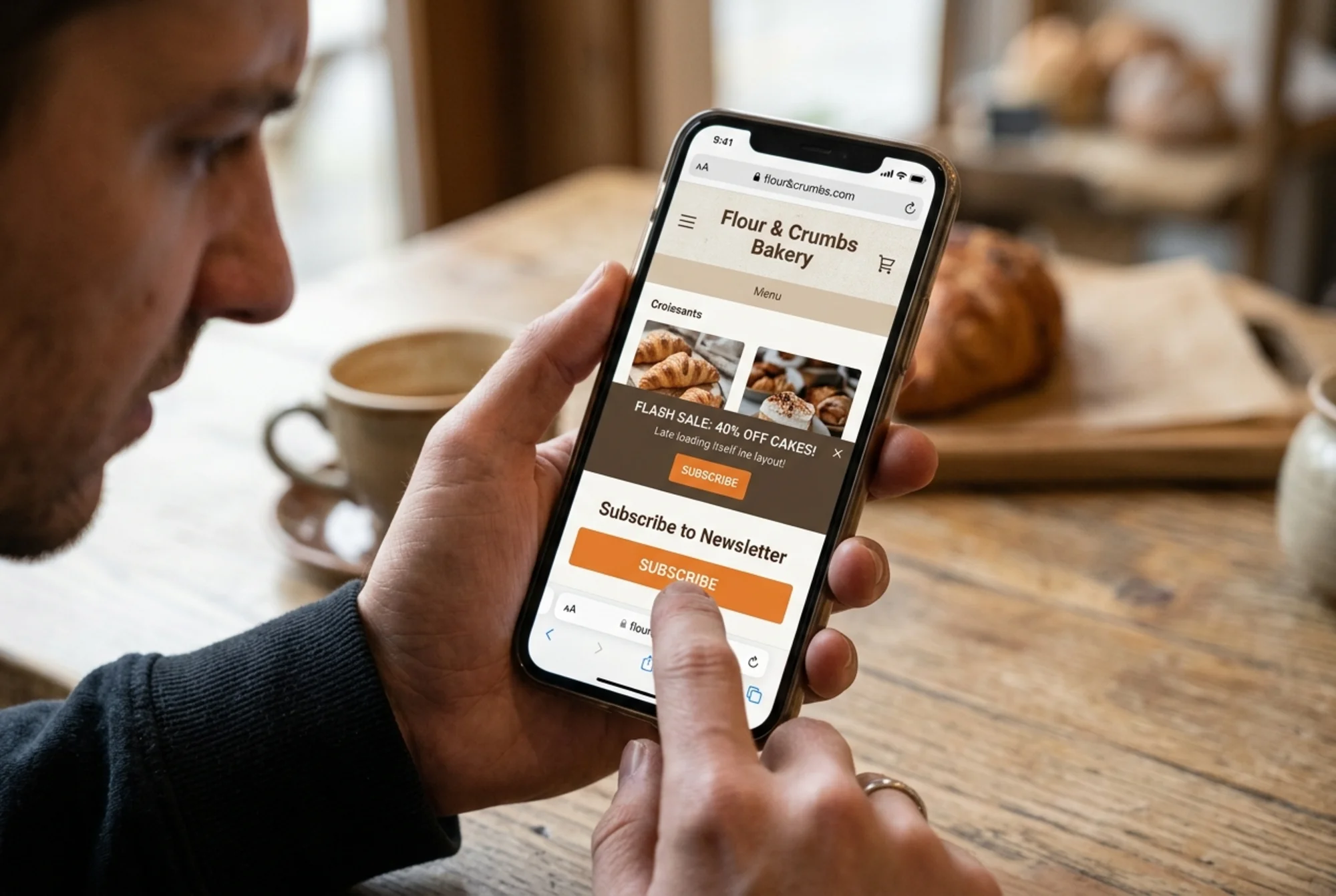 A frustrated customer's thumb hovering over a "Subscribe" button on a bakery website as a late-loading banner ad shoves the button downward, causing an accidental tap on the wrong link
