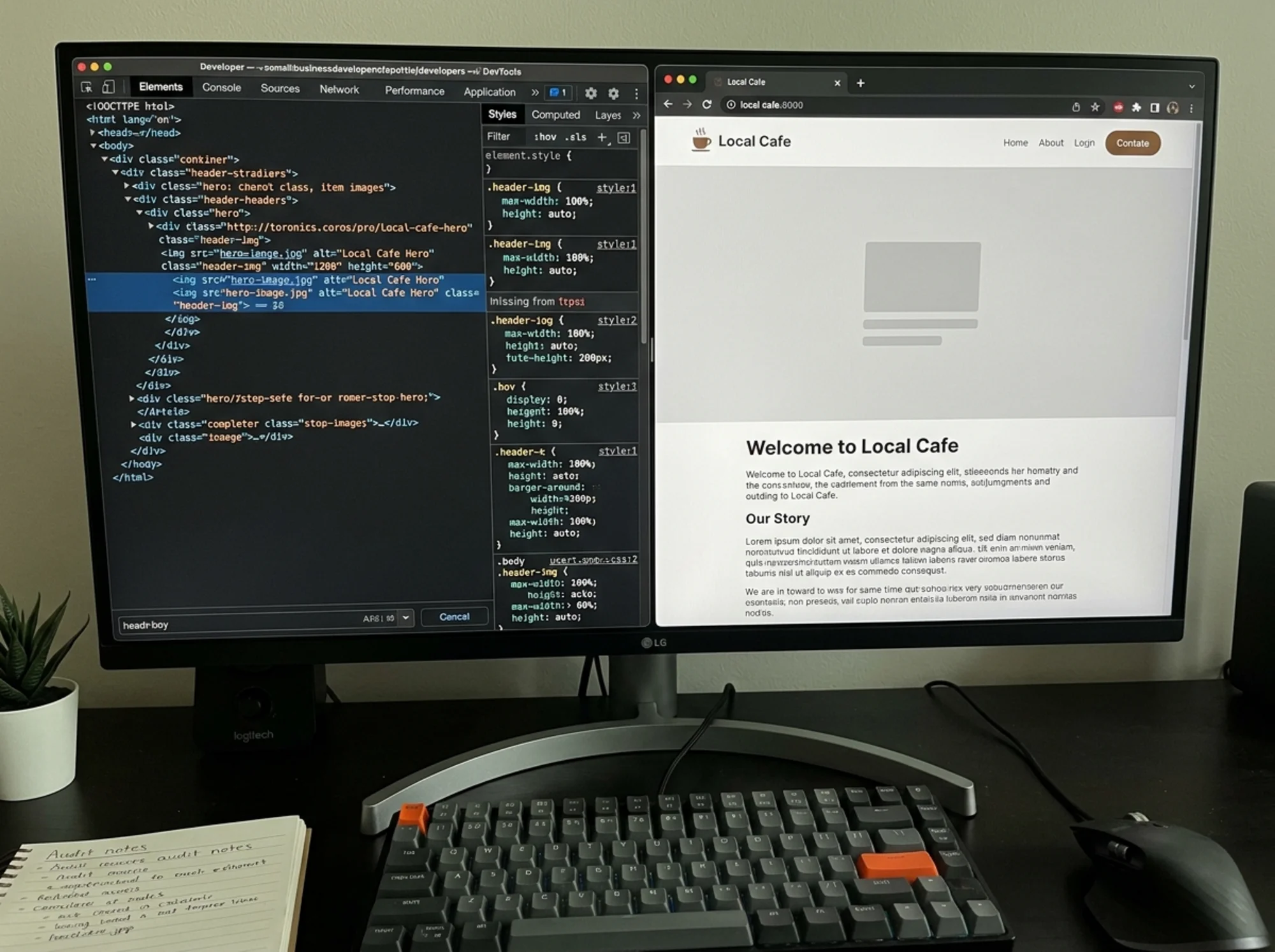 Split-screen developer view showing a website's HTML inspector with width and height attributes being added to an img tag, alongside the rendered page showing reserved space blocks before images load