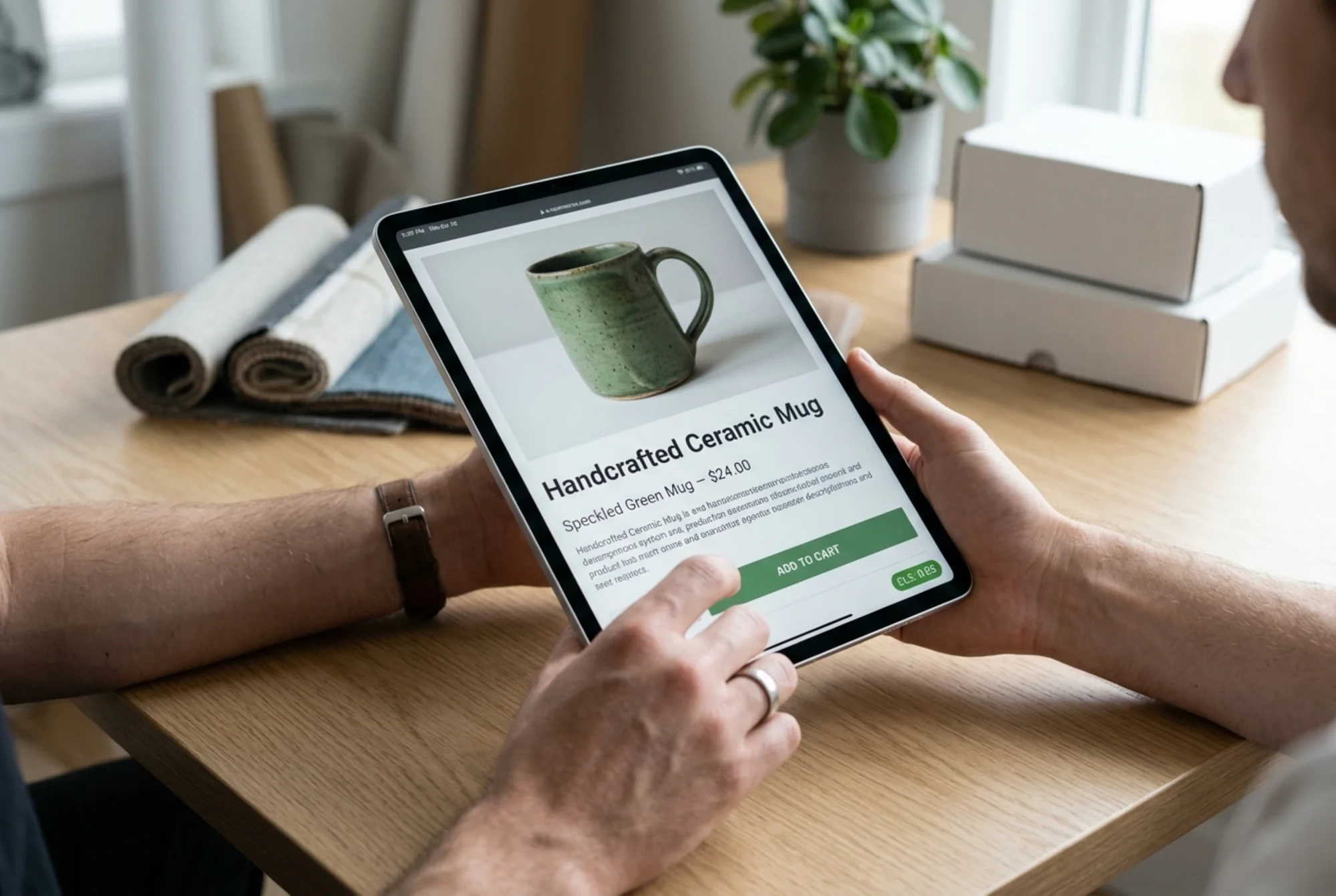 A clean, stable e-commerce product page on a tablet with images, fonts, and a sticky "Add to Cart" button all locked in place, a small green CLS score badge reading 0.05 in the corner