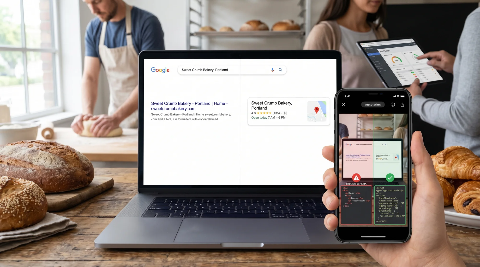 A split-screen view of Google Search results: one side shows a plain blue link for a local bakery, the other shows the same bakery with star ratings, price range, and hours displayed as rich results — the schema markup difference made visible in real search output