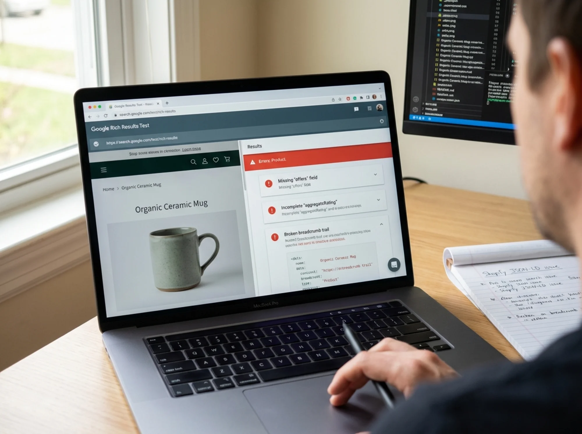 A developer using Google's Rich Results Test tool on a Shopify product page, with validation errors flagged in red: missing 'offers' price, incomplete 'aggregateRating', and a broken breadcrumb trail shown in the structured data panel