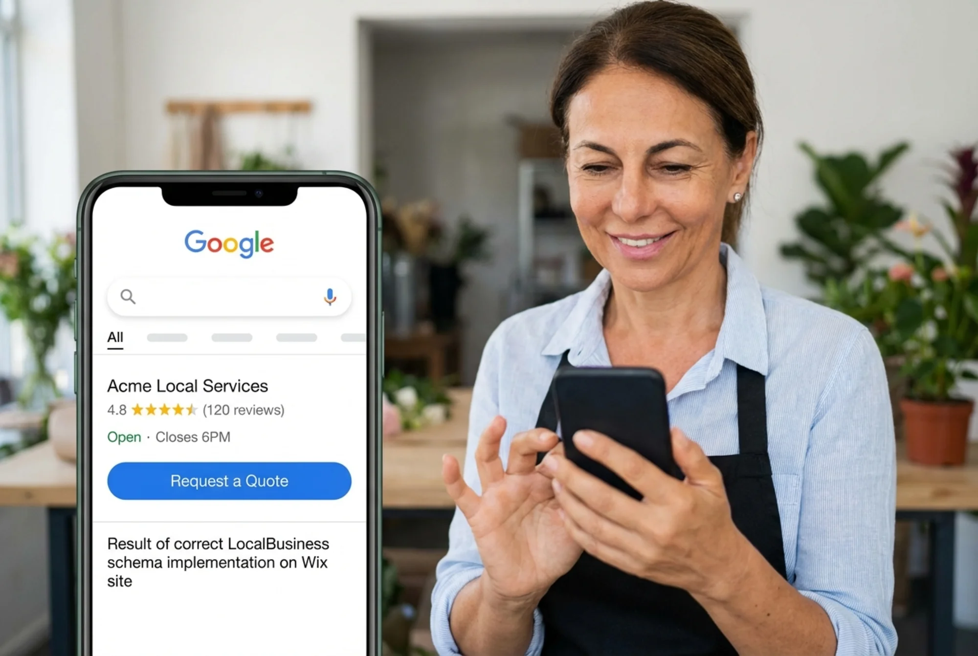 A local service business listing in Google Search showing star ratings, business hours, and a 'Request a Quote' action link — the result of correctly implemented LocalBusiness schema on a Wix or Squarespace site, with a satisfied business owner viewing the result on a phone