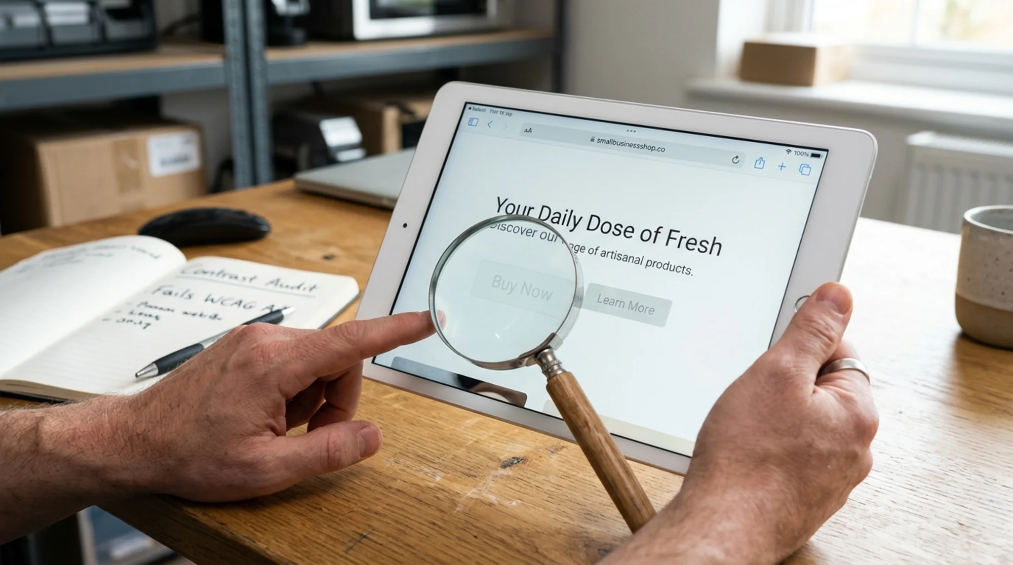 Close-up of a website hero section on a tablet showing pale gray buttons and light text against a white background, with a magnifying glass hovering over a faint "Buy Now" button revealing the low contrast issue