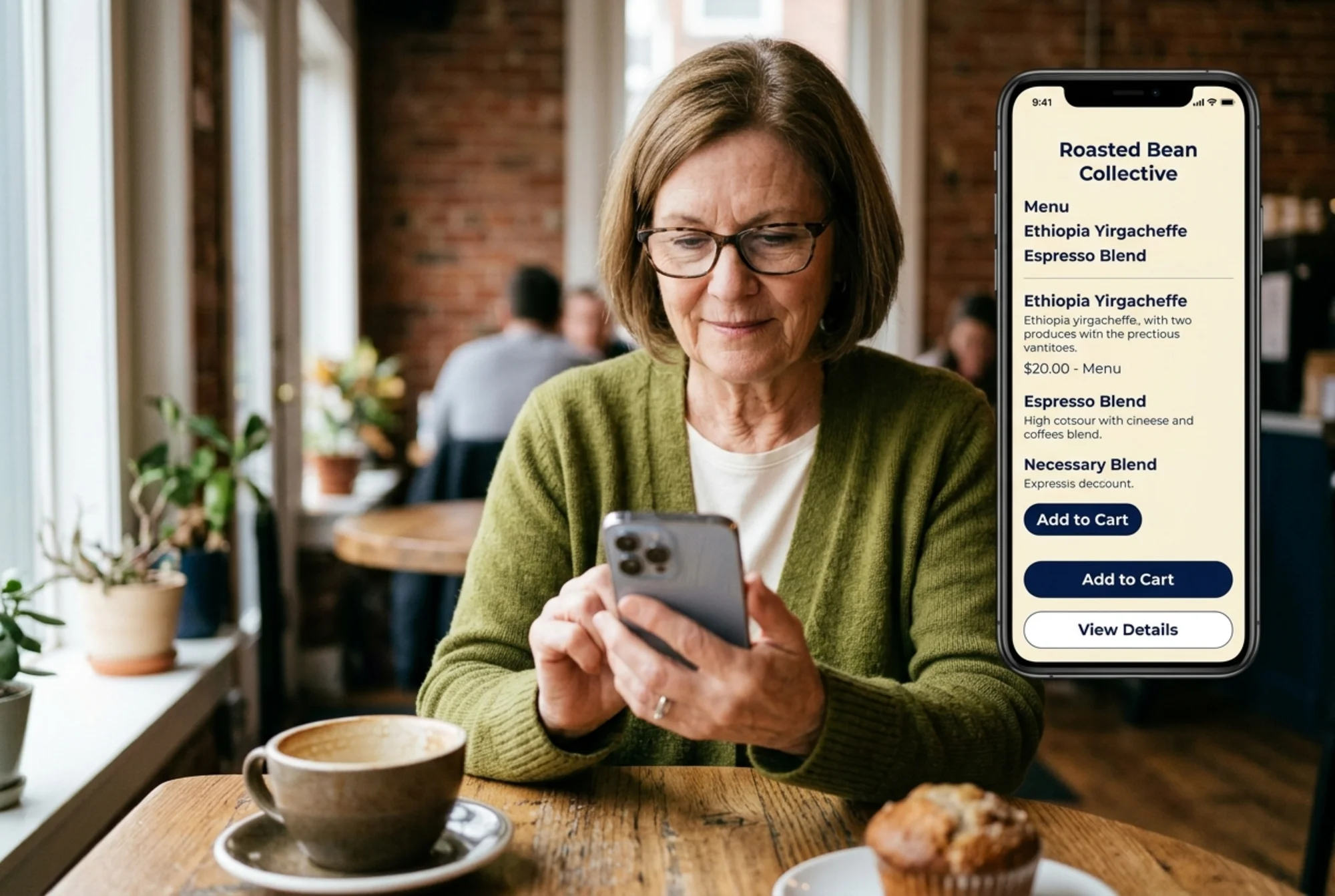 A redesigned coffee shop product page showing high-contrast dark navy text on cream background, bold readable buttons, and an older customer comfortably reading the menu on her phone at a cafe table