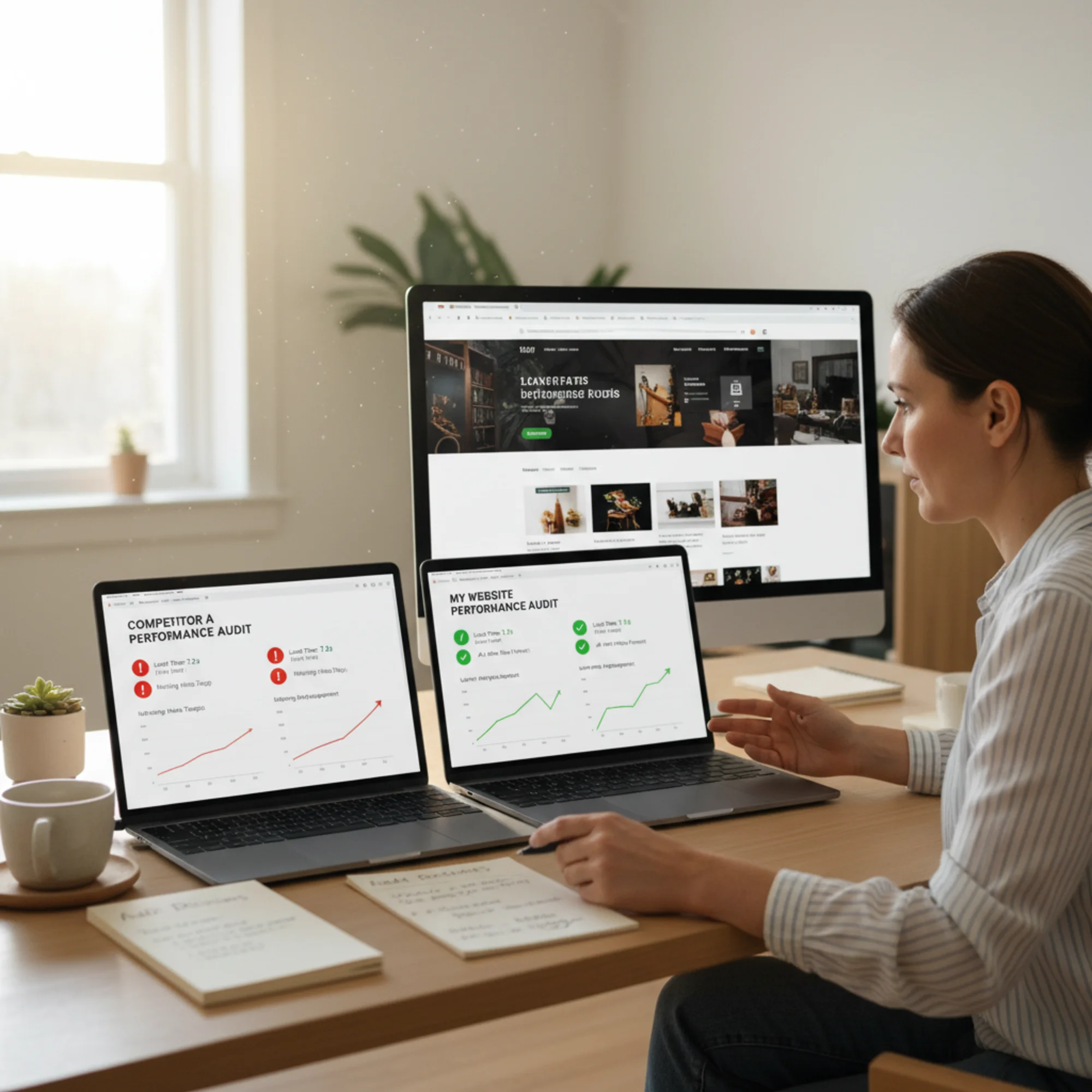 A small business owner comparing two website performance reports side by side on a desk, one marked with red flags on load time and missing meta tags, the other with green checkmarks, with a browser open to a competitor's homepage in the background