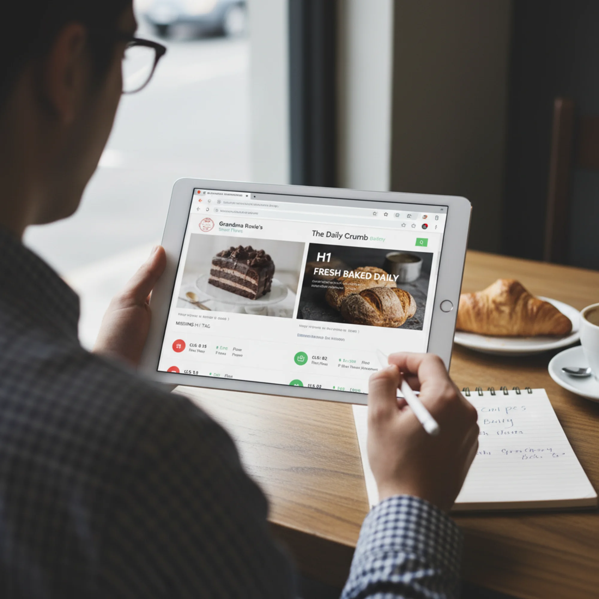 A split-screen browser view showing two local business websites for the same industry — one with a slow-loading uncompressed hero image and a missing H1 tag, the other with a fast layout and proper heading hierarchy — with Core Web Vitals overlay badges on each