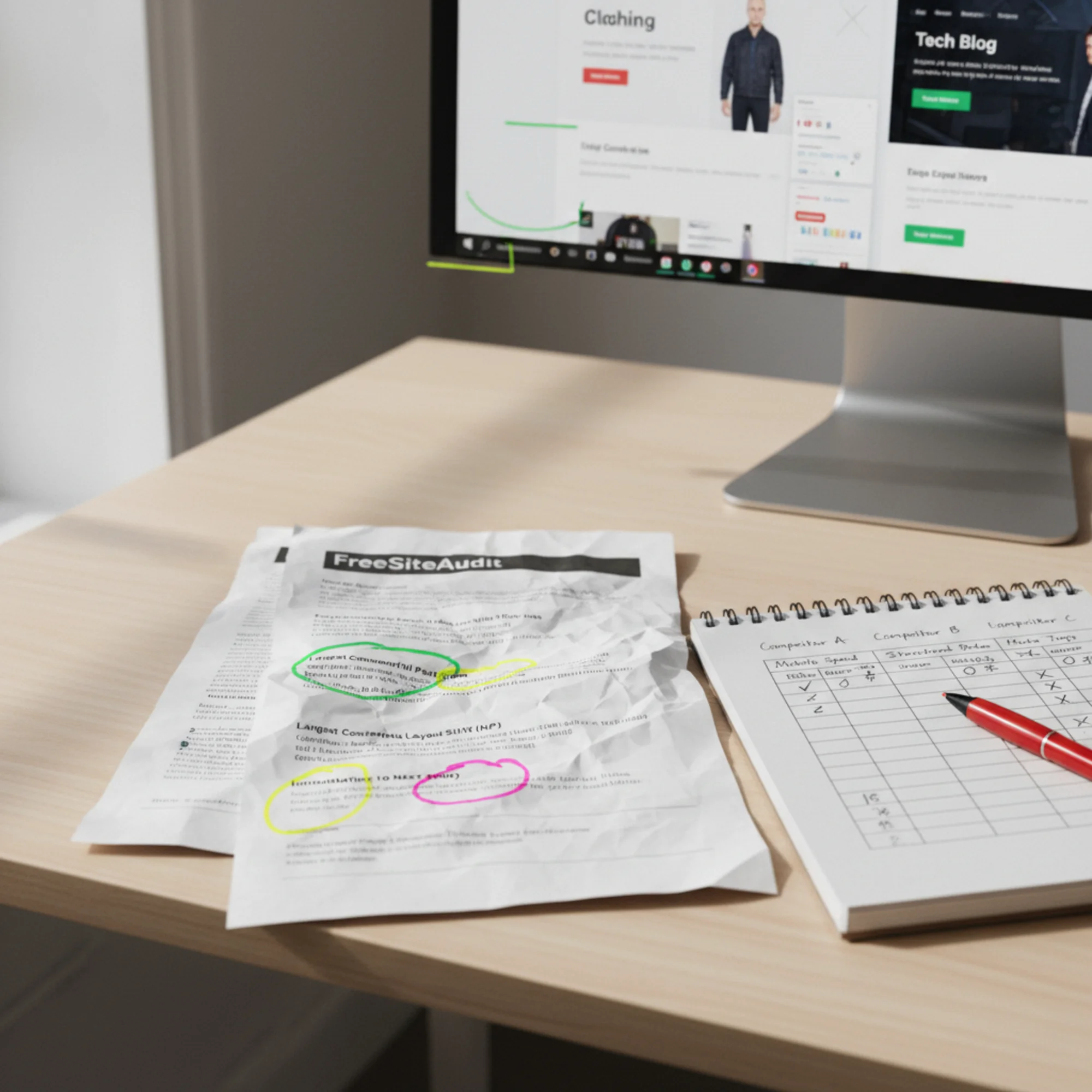 A FreeSiteAudit report printed on paper with colored highlighter marks on LCP, CLS, and INP scores, next to a hand-drawn comparison table benchmarking three competitor sites on mobile speed, structured data, and meta tag coverage