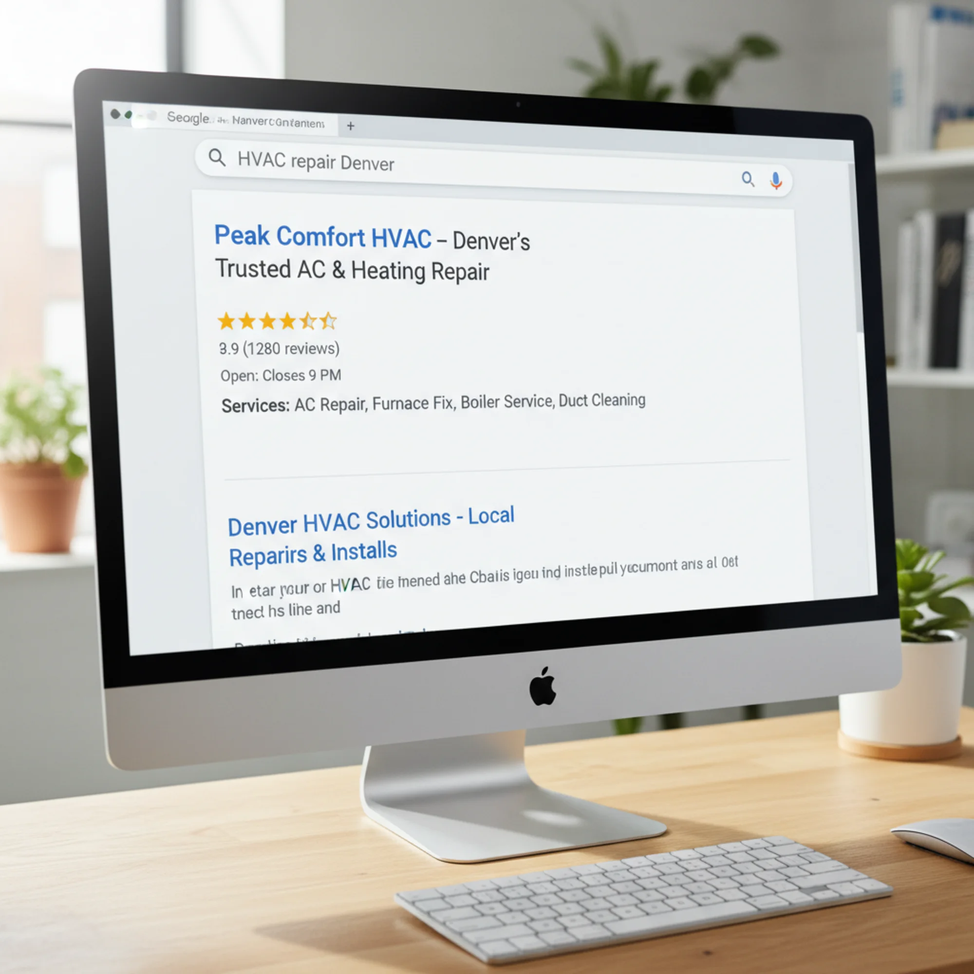 A Google search results page for "HVAC repair Denver" showing a competitor's rich snippet with star ratings, business hours, and site links ranking above a plain blue-link listing with no enhancements