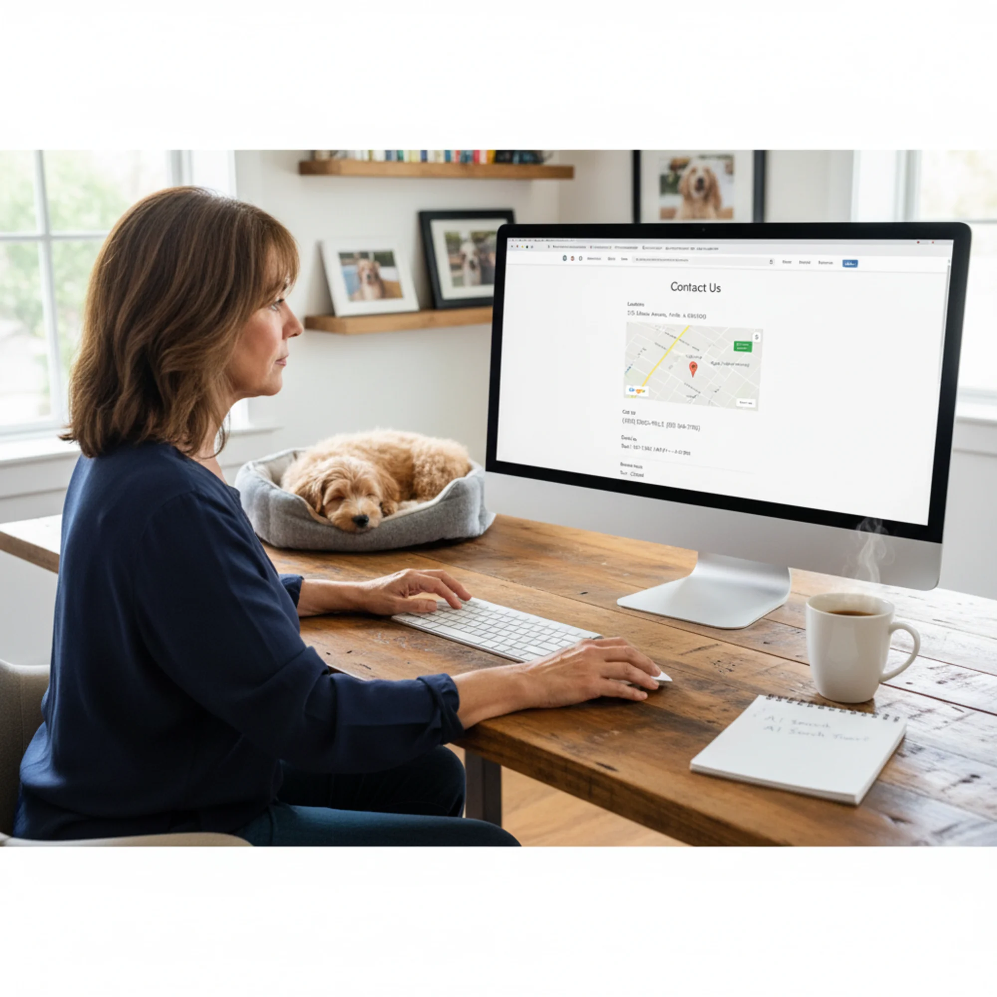 A small business owner updating their contact page on a desktop computer, with a clean layout showing a physical address, phone number, business hours, and an embedded Google Map for a dog grooming shop